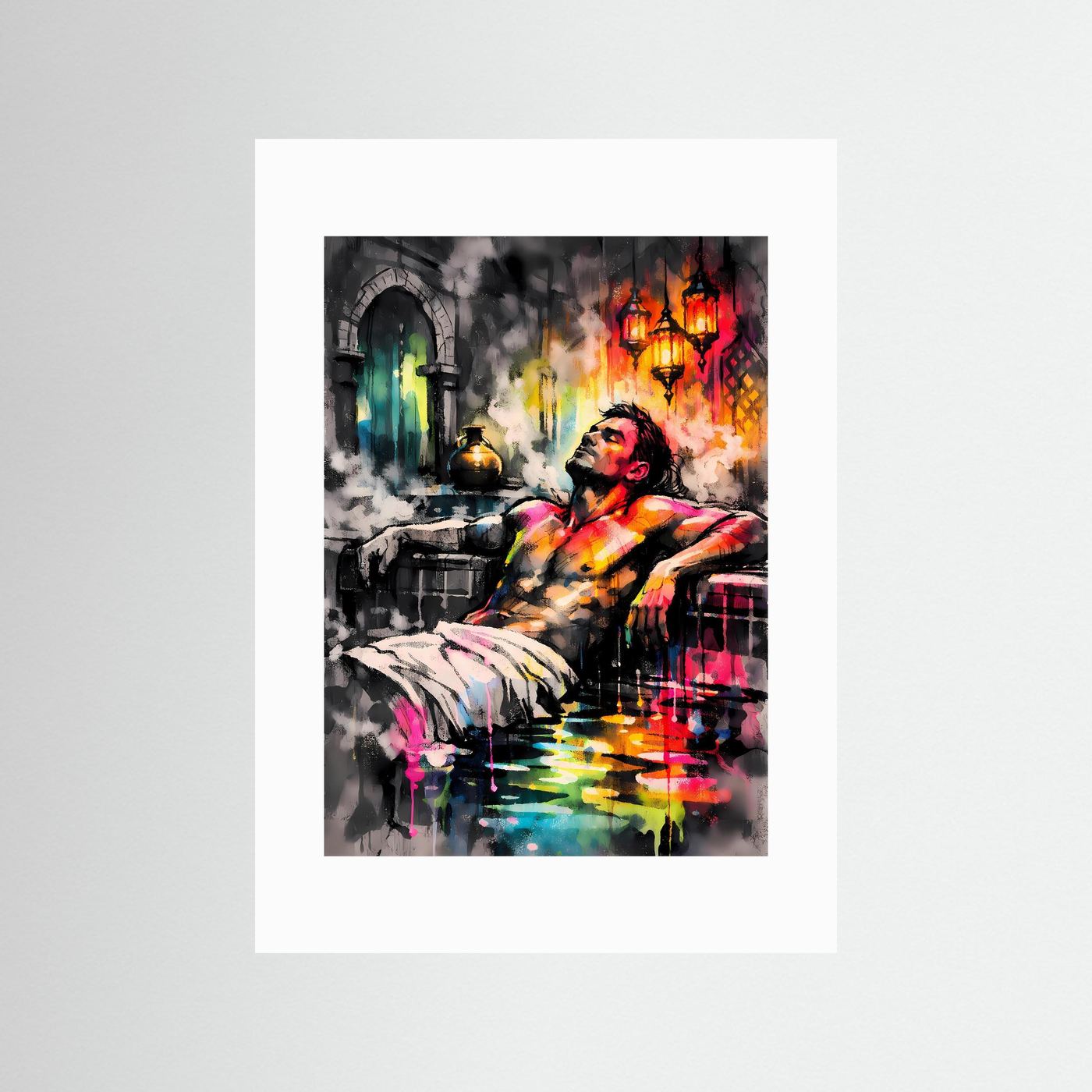 Die Kunst des Orients | Neon Hamam Poster mit orientalischer Silhouette & Regenbogen-Farben | Abstraktes Dampfbad Kunstposter Hochformat