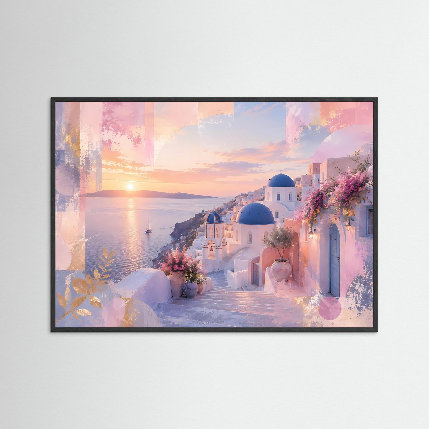 Santorini Poster | Pastell Griechenland Wandbild | Mediterrane Küstenlandschaft | Abstrakte Architektur Kunst | Sonnenuntergang Leinwand