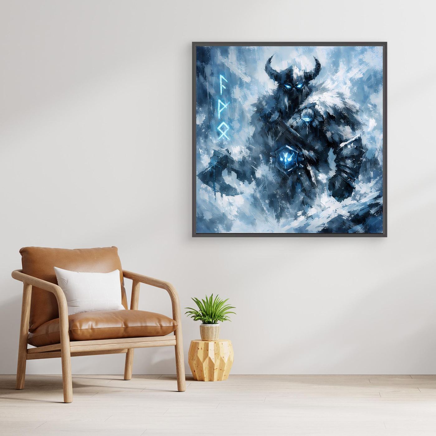 Wandbild mit blauem Wikinger-Krieger im Schneesturm in dunkel eingefasstem Rahmen