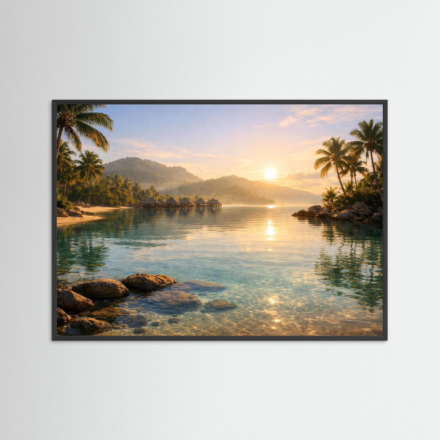Tropische Lagune im Sonnenaufgang | Südsee & Palmen-Panorama Poster Querformat