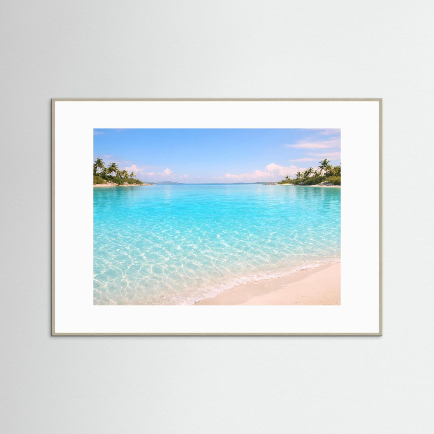 Strand-Poster im grauen Rahmen mit türkisfarbenem Meer, Sandstrand und Palmenpanorama