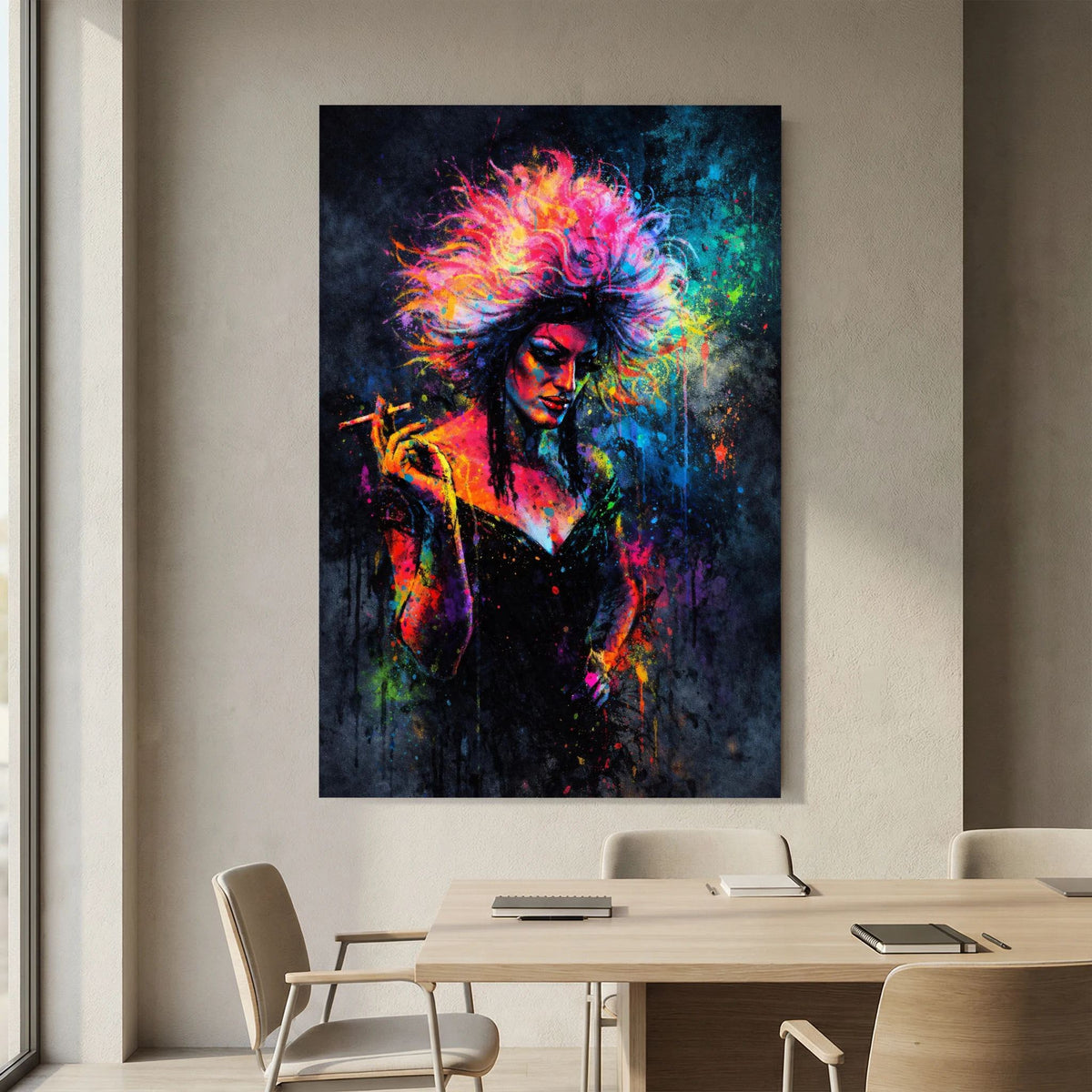 Hochformatiges Poster: Drag-Queen-Porträt mit Zigarettenhand, Regenbogenfarben und Sprühfarbe