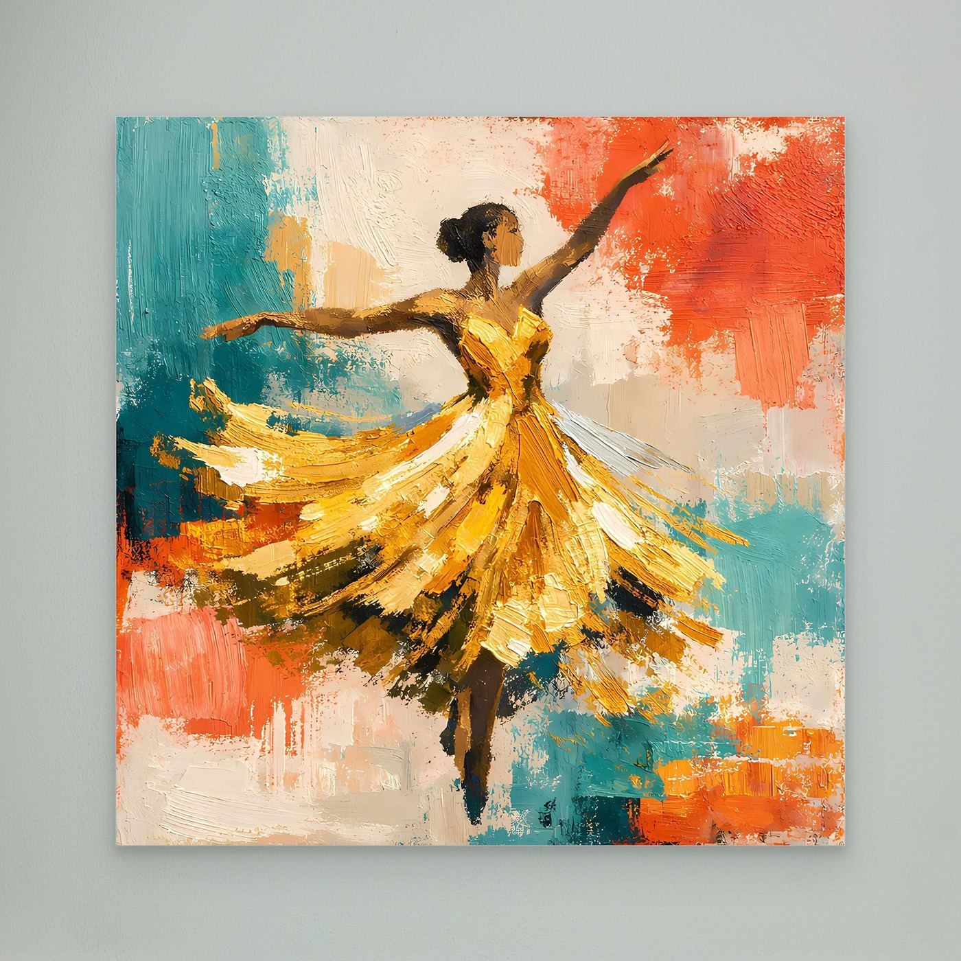 Abstraktes Leinwandbild: Balletttänzerin im gelben Kleid, tanzende Pose, Pinselstriche in Rot und Türkis