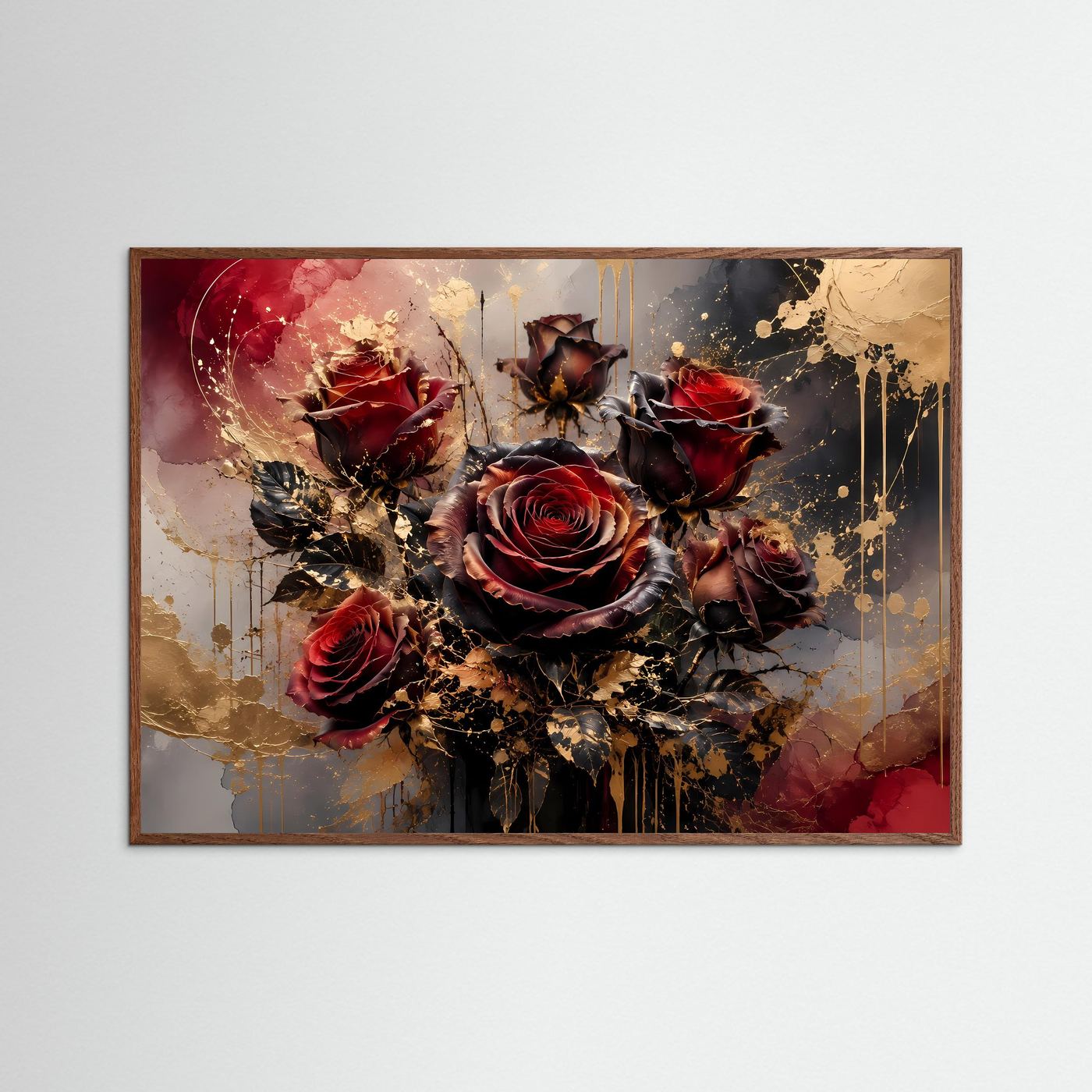 Rosen Poster | Dunkelrote Rosen Wandbild | Elegante Blumenkunst mit Gold | Florale Fine Art | Moderne Wohnzimmer Deko
