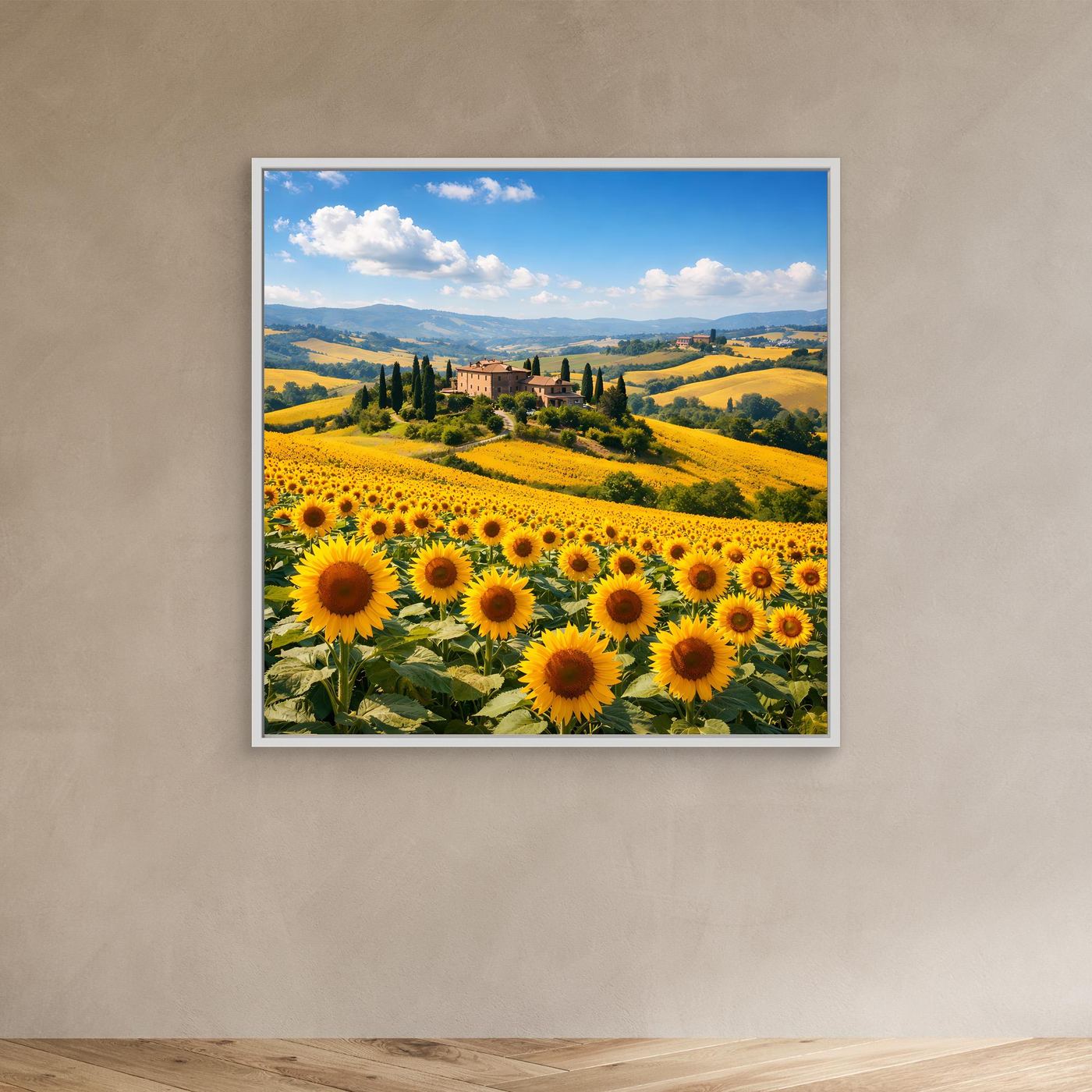 Leinwandbild Sonnenblumenfeld in Toskana-Landschaft, mit hellbraunem Rahmen