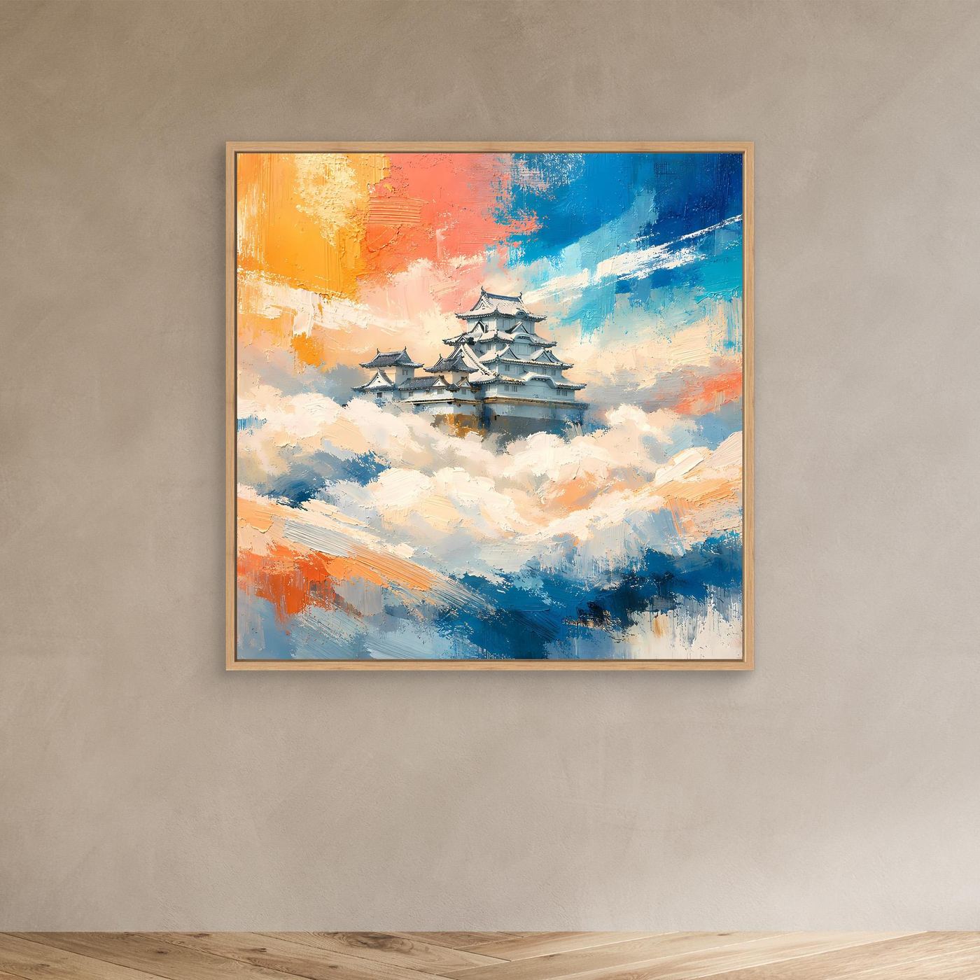 Leinwand Traditionelle Japanische Burg über den Wolken | Fernöstliches Wandbild auf echter Leinwand