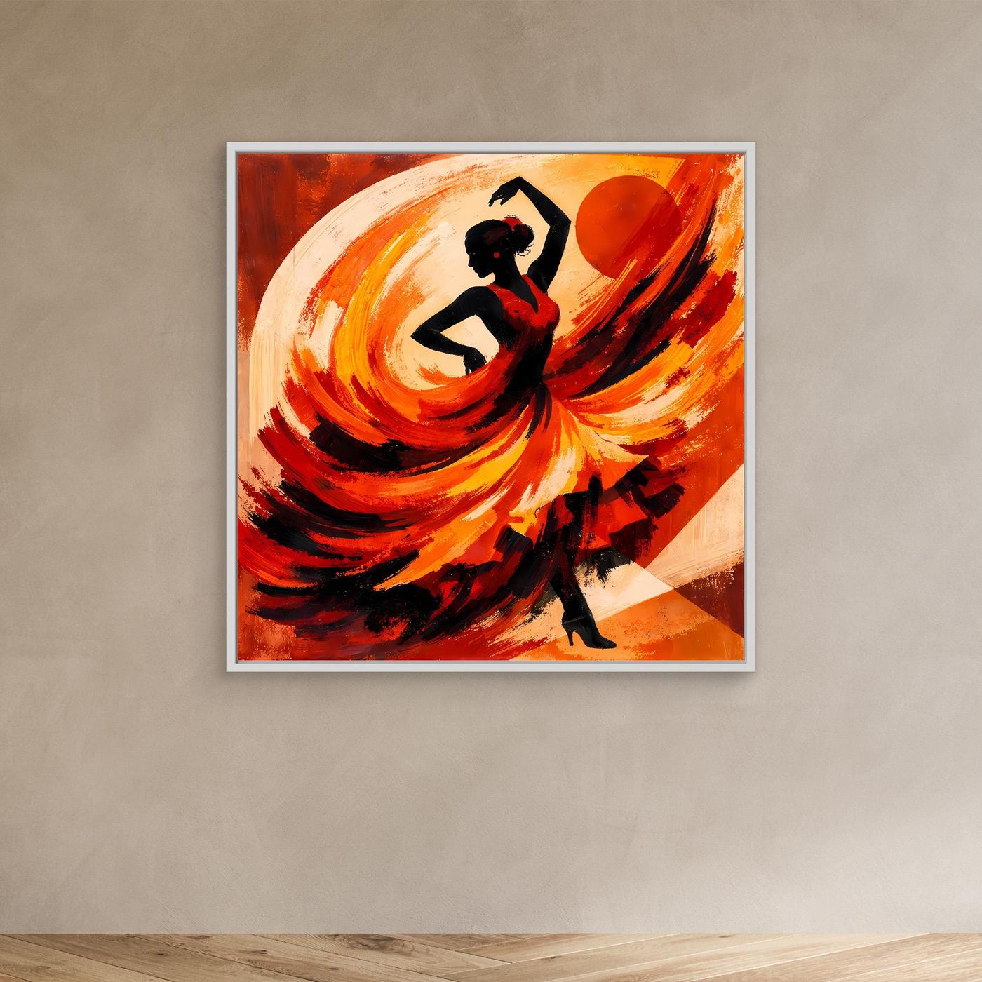 Leinwandbild: schwarze Flamencotänzerin mit rot-orangener Schwunggrafik und hellen Flächen