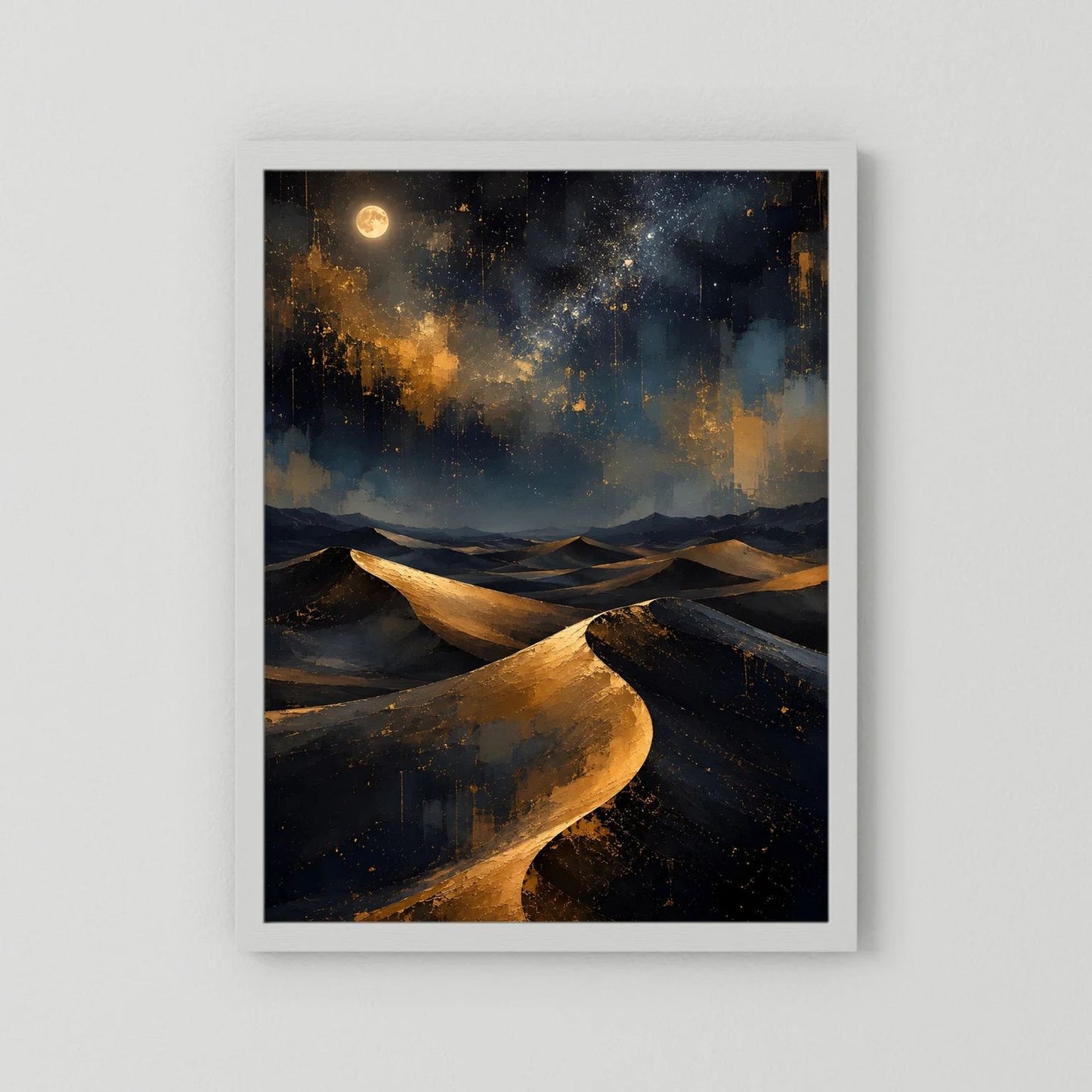 Poster mit goldener Dünenlandschaft bei Nacht, weißer Passepartout ohne Rahmen