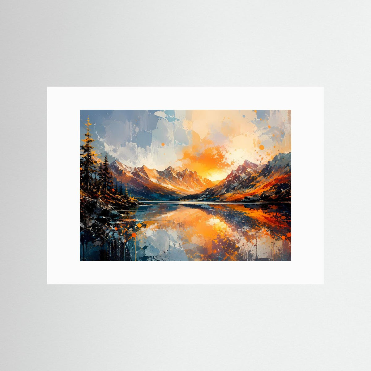 Abstraktes Wandbild mit weißem Rand: Gebirgssee und Sonnenuntergang in Orange und Blau