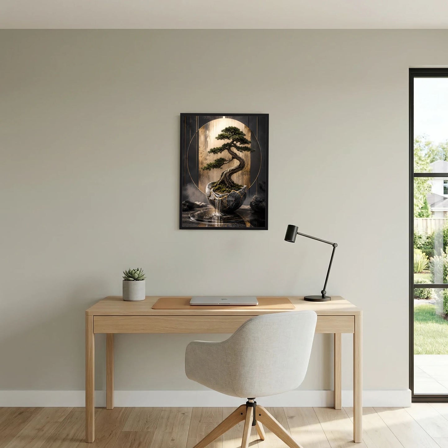 Gerahmtes Poster mit Zen-Bonsai im Keramikschale, schwarzer Rahmen, goldene Kreisbögen