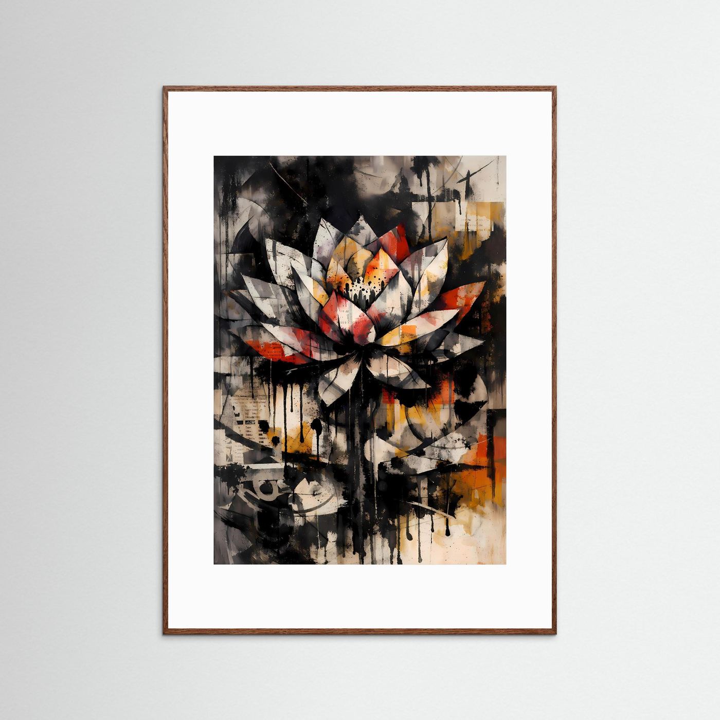 Die Kraft der Reinheit | Abstraktes Lotus Poster in Schwarz, Weiß & warmen Akzenten | Expressives Urban Art Kunstposter Hochformat