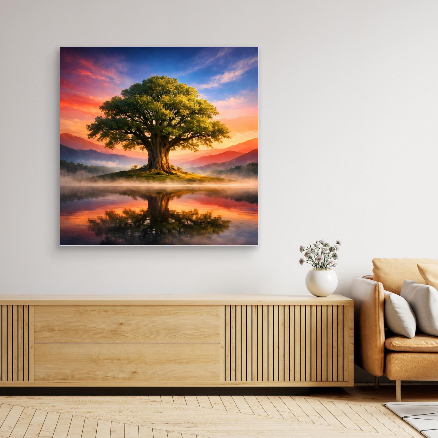 Leinwandbild mit Baum bei Sonnenuntergang, Spiegelung im Wasser, blauer Rahmen