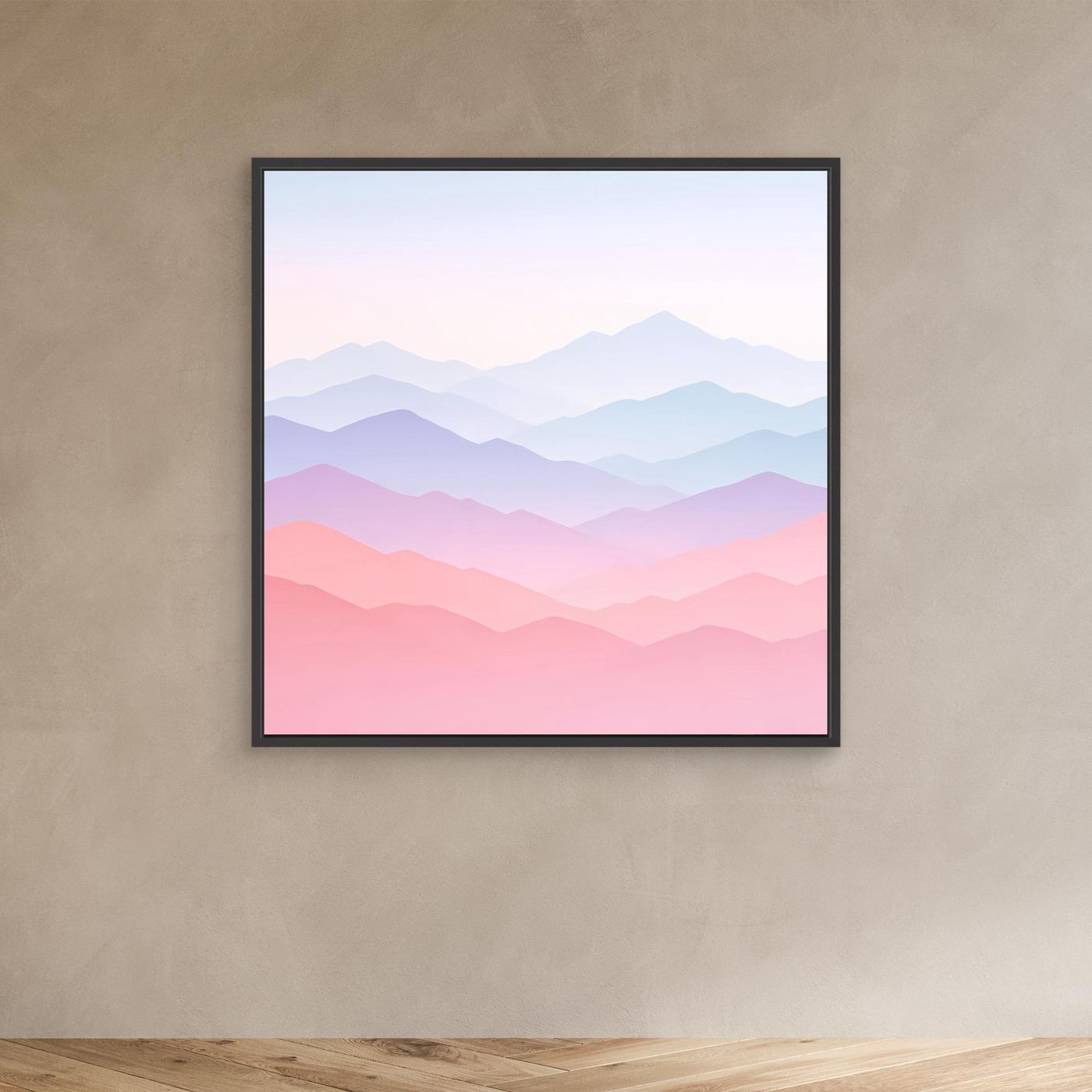 Leinwandbild Berglandschaft Pastellrosa und Blau mit schwarzem Rahmen, minimalistisches Motiv