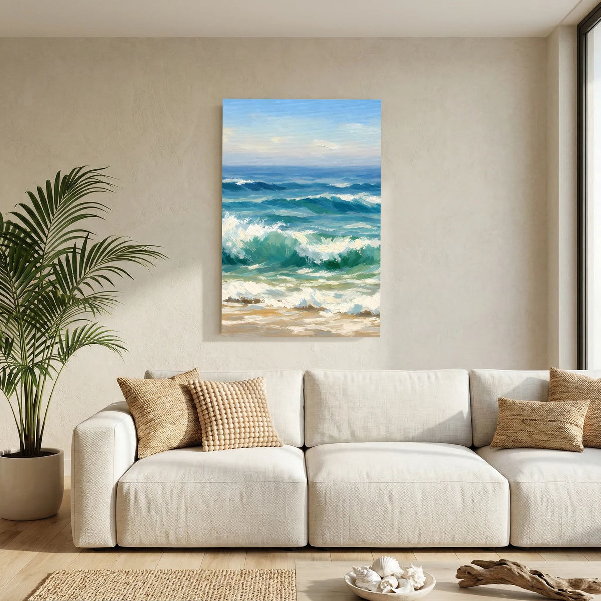 Wandbild im Hochformat: blaue Wellen am Strand mit hellen Schaumkronen und Sand