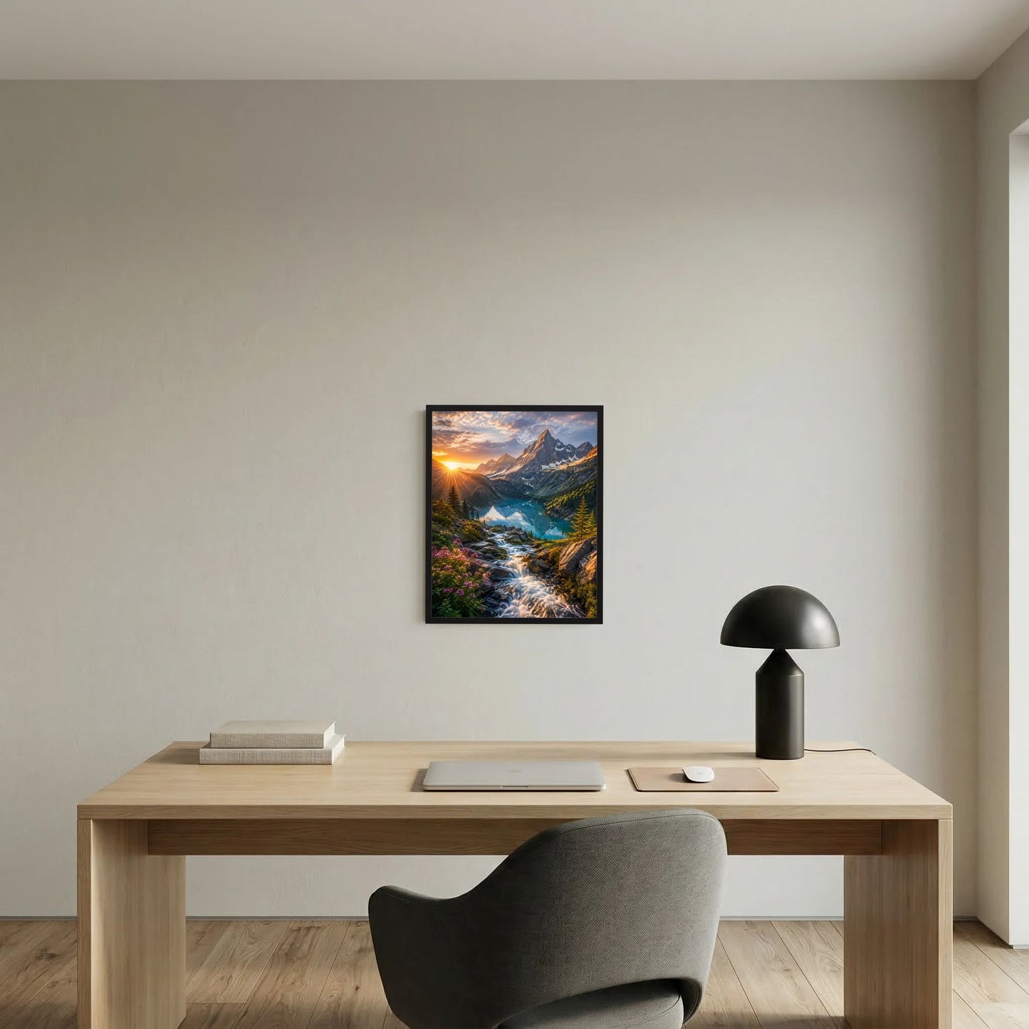 Gerahmtes Poster im Hochformat mit Bergsee und Wasserfall im Sonnenuntergang