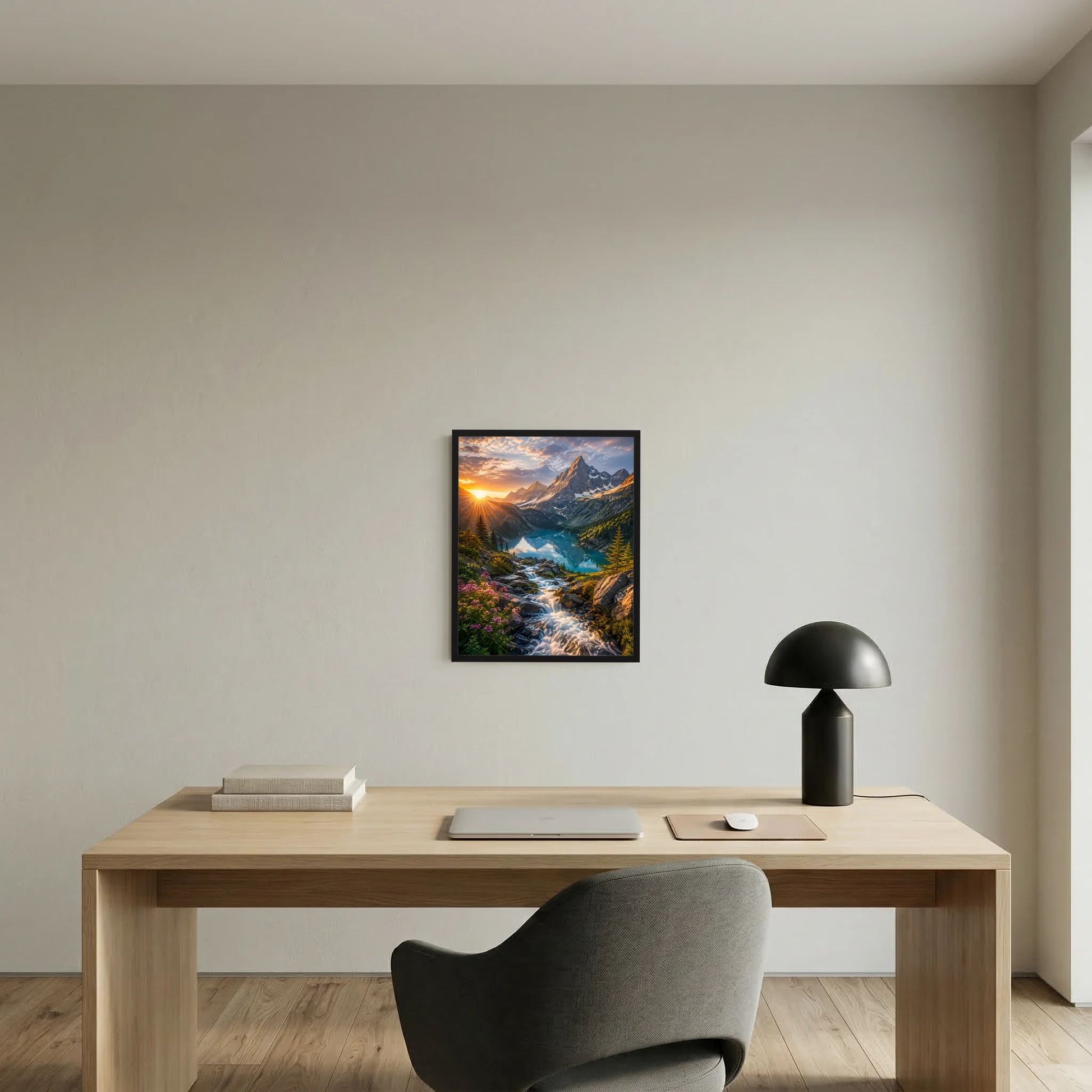 Gerahmtes Poster im Hochformat mit Bergsee und Wasserfall im Sonnenuntergang