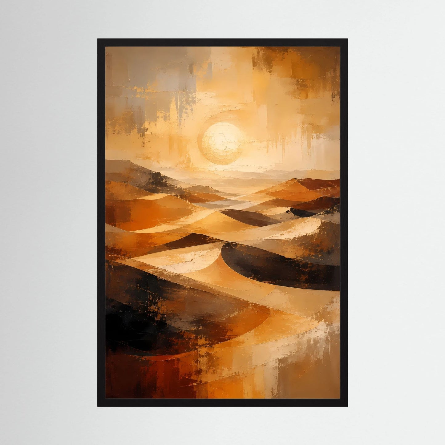 Abstraktes Wüstenlandschafts-Poster mit schwarzem Rahmen, Gold-Orange, Hochformat