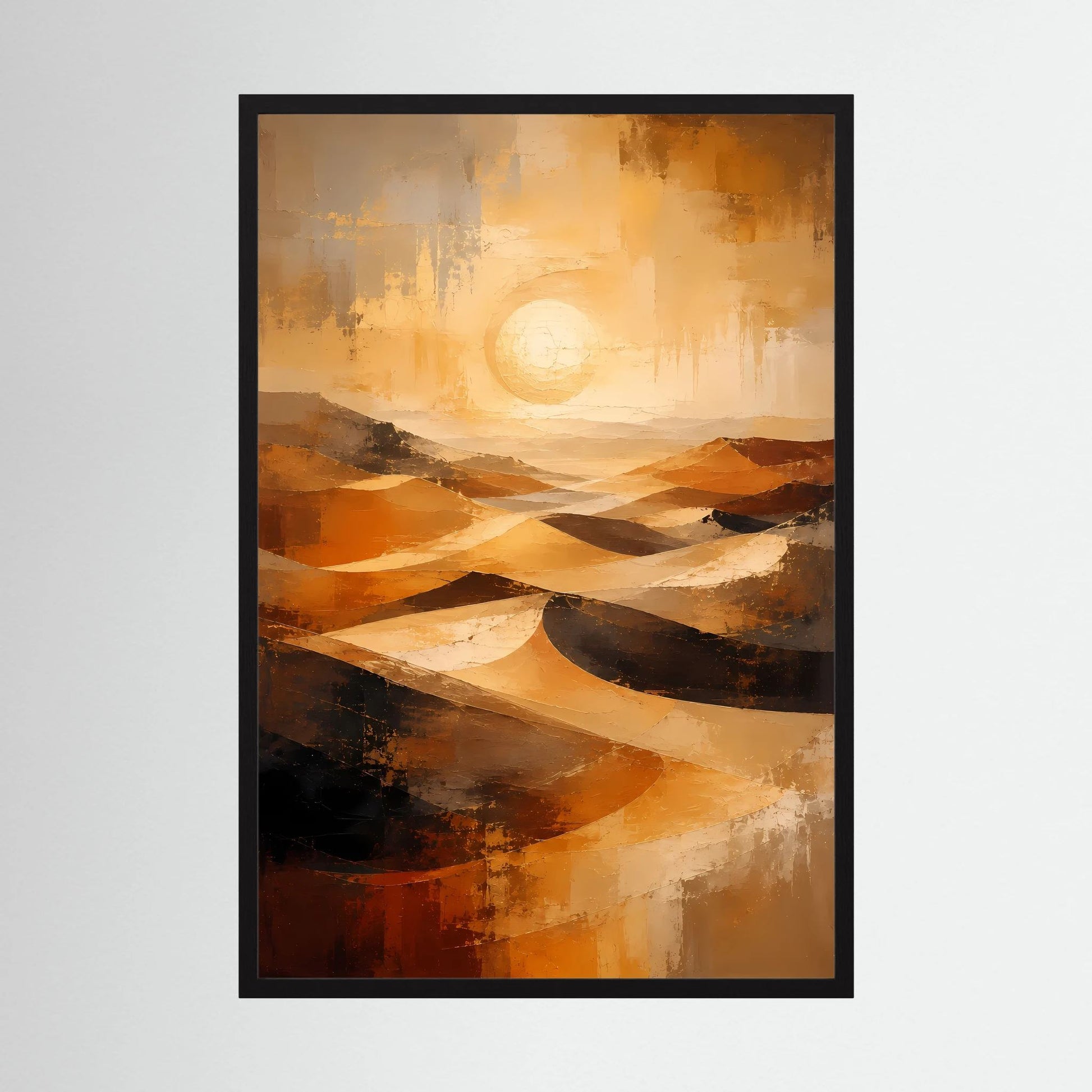 Abstraktes Wüstenlandschafts-Poster mit schwarzem Rahmen, Gold-Orange, Hochformat