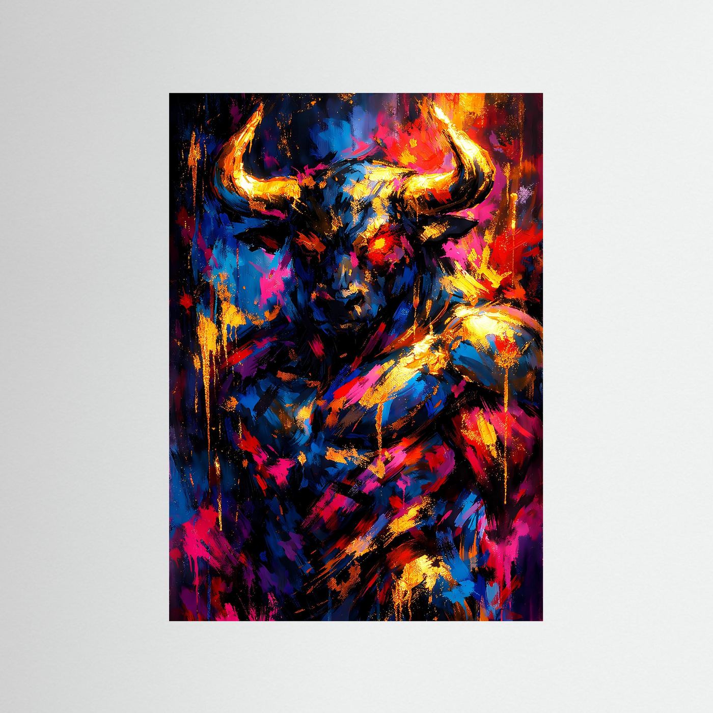 Sternzeichen-Poster Stier, abstrakt in Neonfarben und Gold, hochformatig