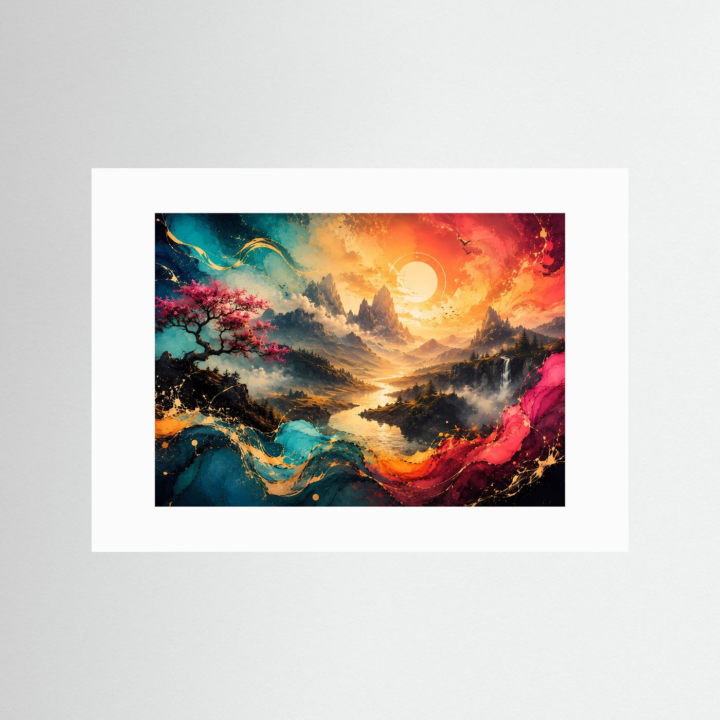 Abstrakte Landschaft Poster | Bunte Berglandschaft mit Fluss | Moderne Wandkunst | Fantasy Natur | Farbenfrohe Leinwand | Panorama Kunst