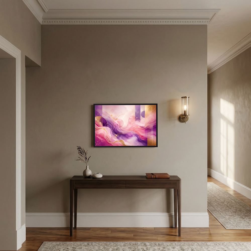 Querformat-Poster mit abstrakten Wellen in Rosa und Violett, mit goldenen Akzenten.