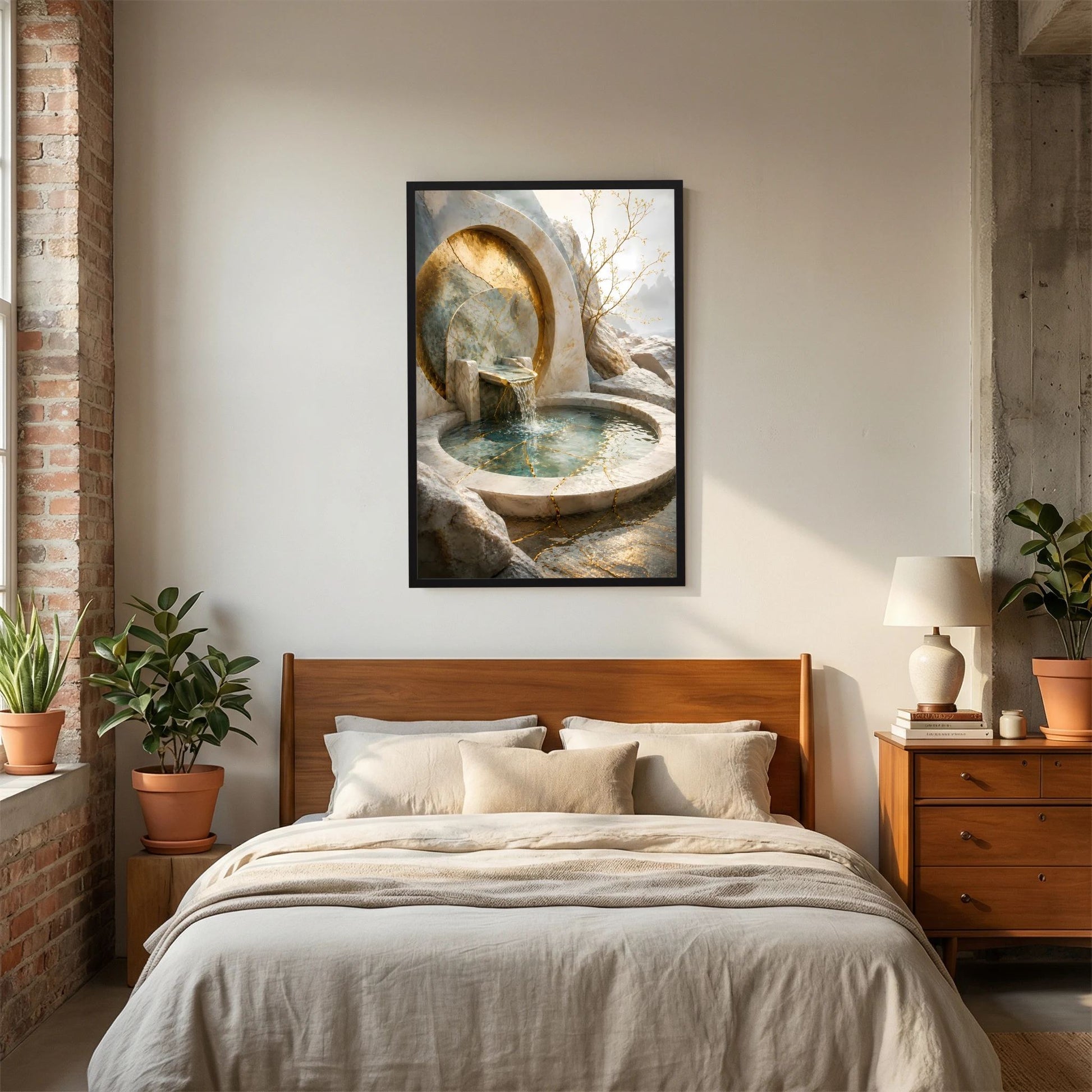 Hochformat-Poster hinter Glas im schwarzen Rahmen: Brunnenanlage aus Stein und Gold