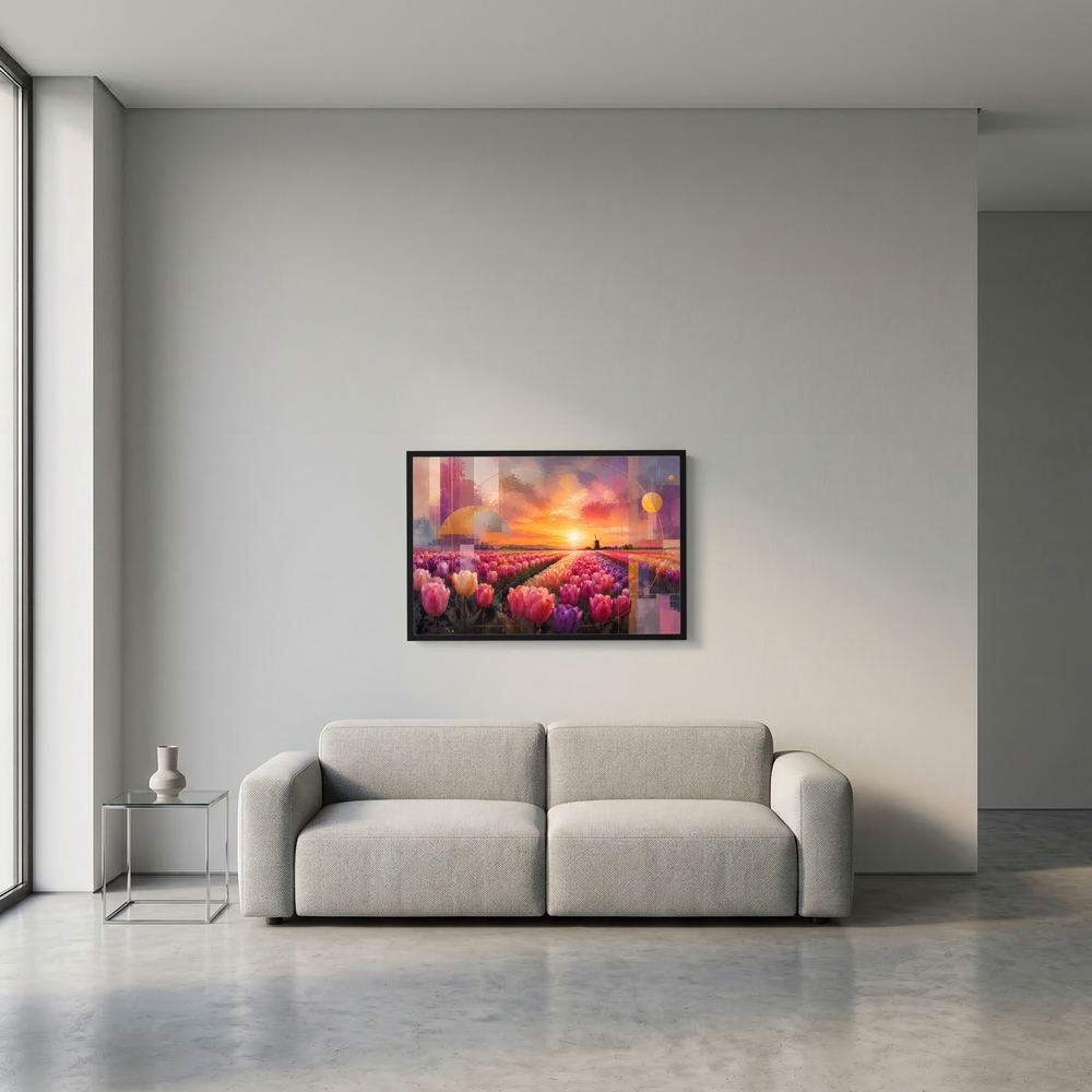 Wandhängendes Querformat-Poster: rosa Tulpenfeld mit goldenem Sonnenuntergang und Windmühle