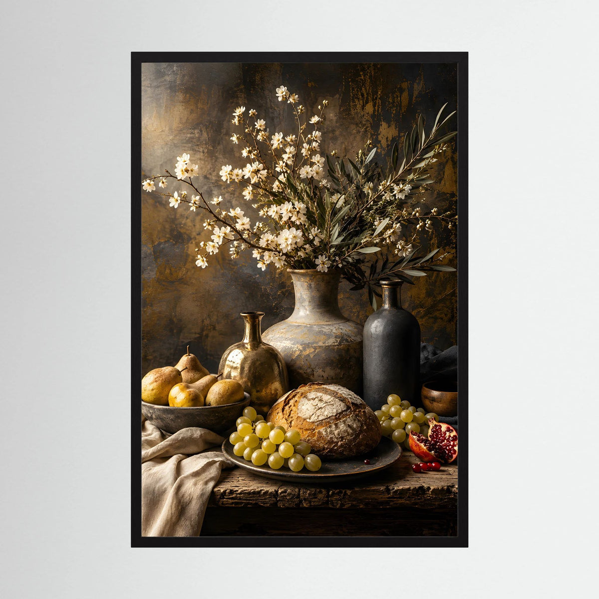 Kunstposter mit schwarzem Holzrahmen: Stillleben mit Blumen, Früchten und Brot