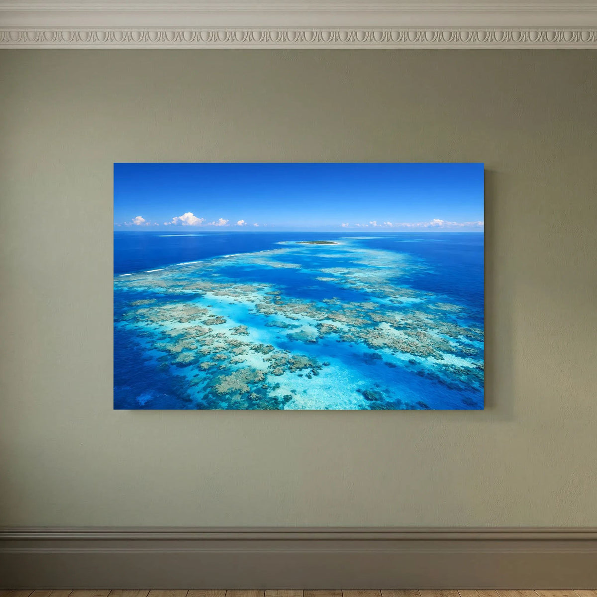 Querformatiges Wandbild mit Blick über das Korallenriff im türkisblauen Ozean