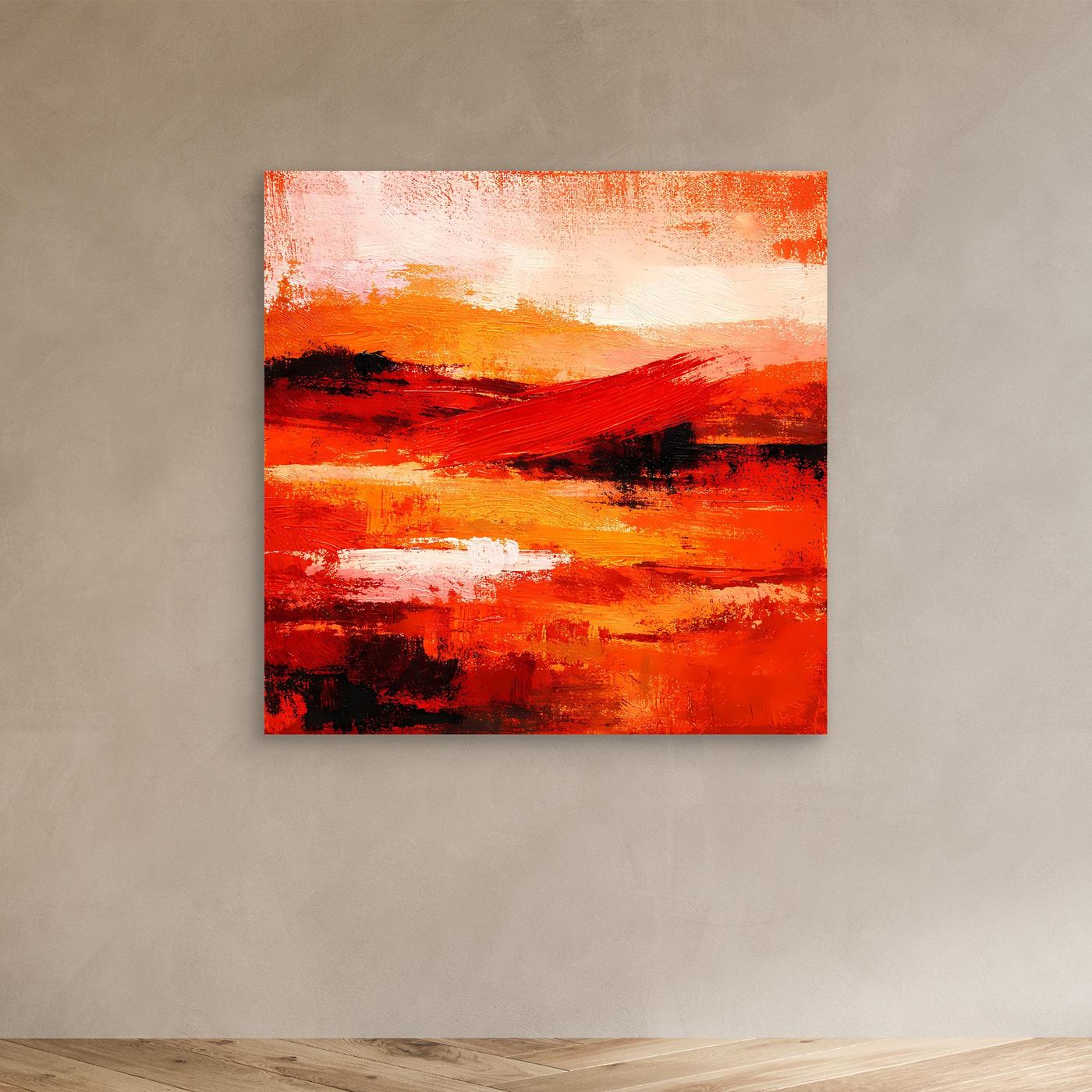 Abstraktes Leinwand-Wandbild mit roten und orangefarbenen Pinselspuren, ohne Rahmen