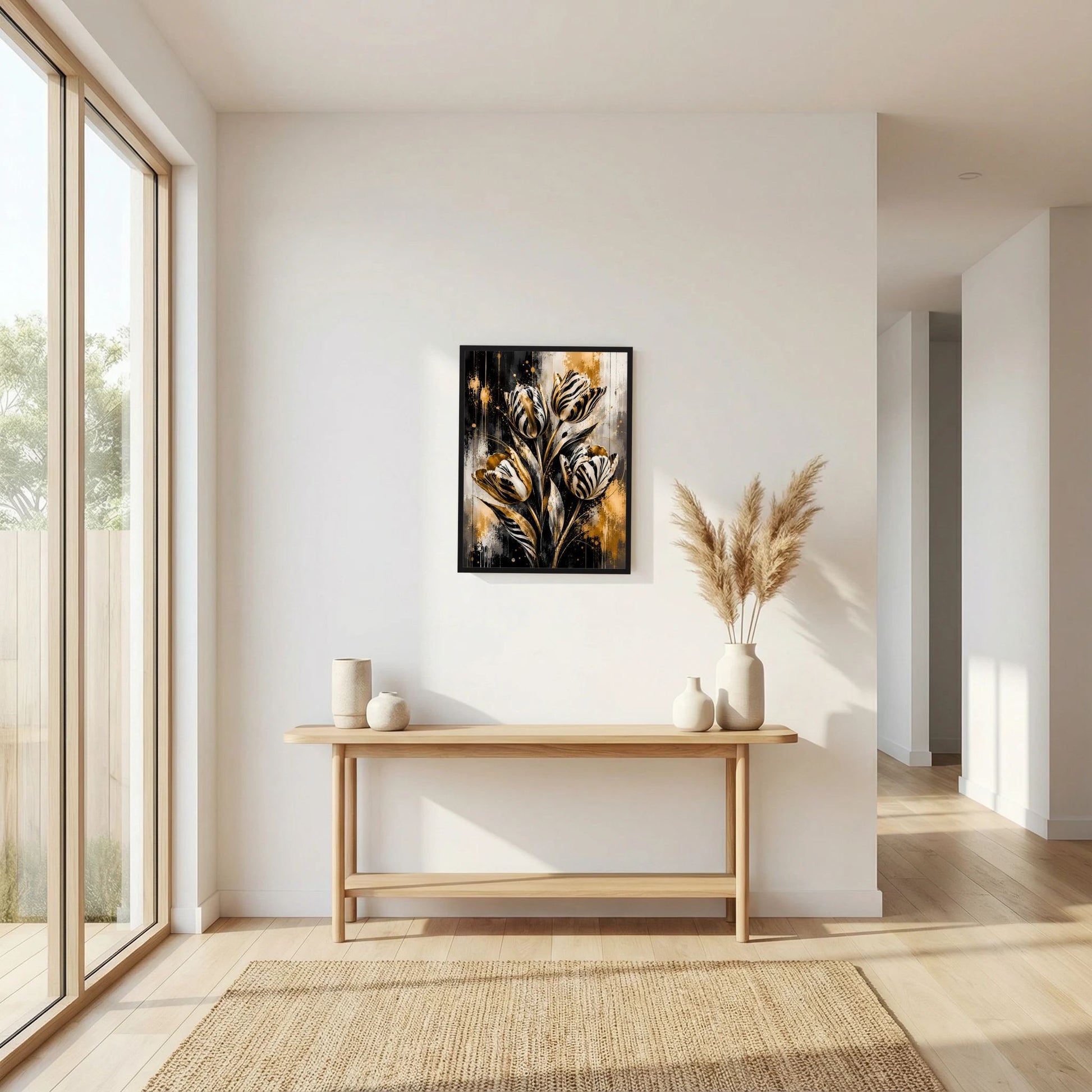 Wandposter im schwarzen Rahmen mit abstrakten Tulpen, Schwarz, Weiß und Gold