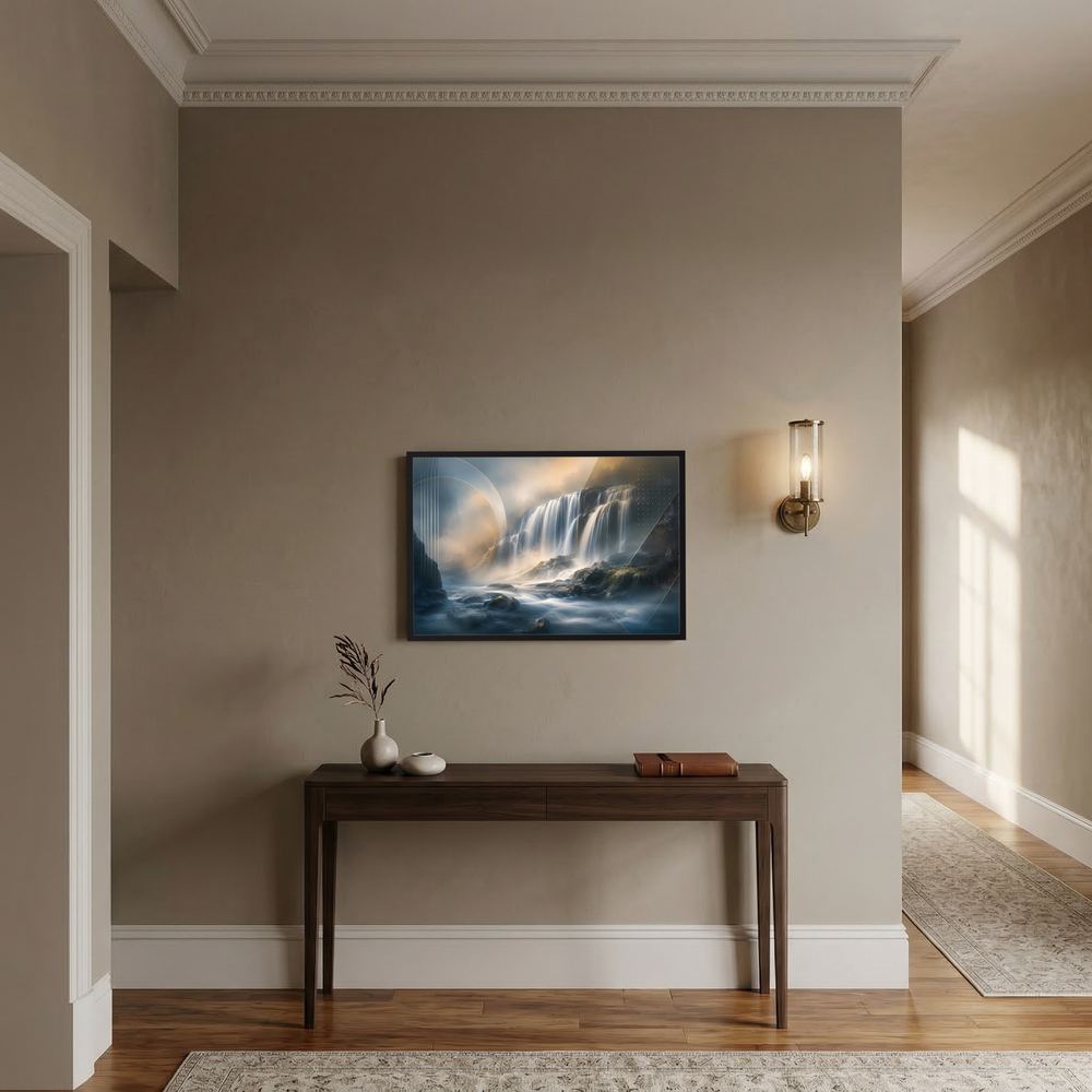 Abstraktes Wasserfall-Poster blau-gold, im schwarzen Rahmen, Querformat