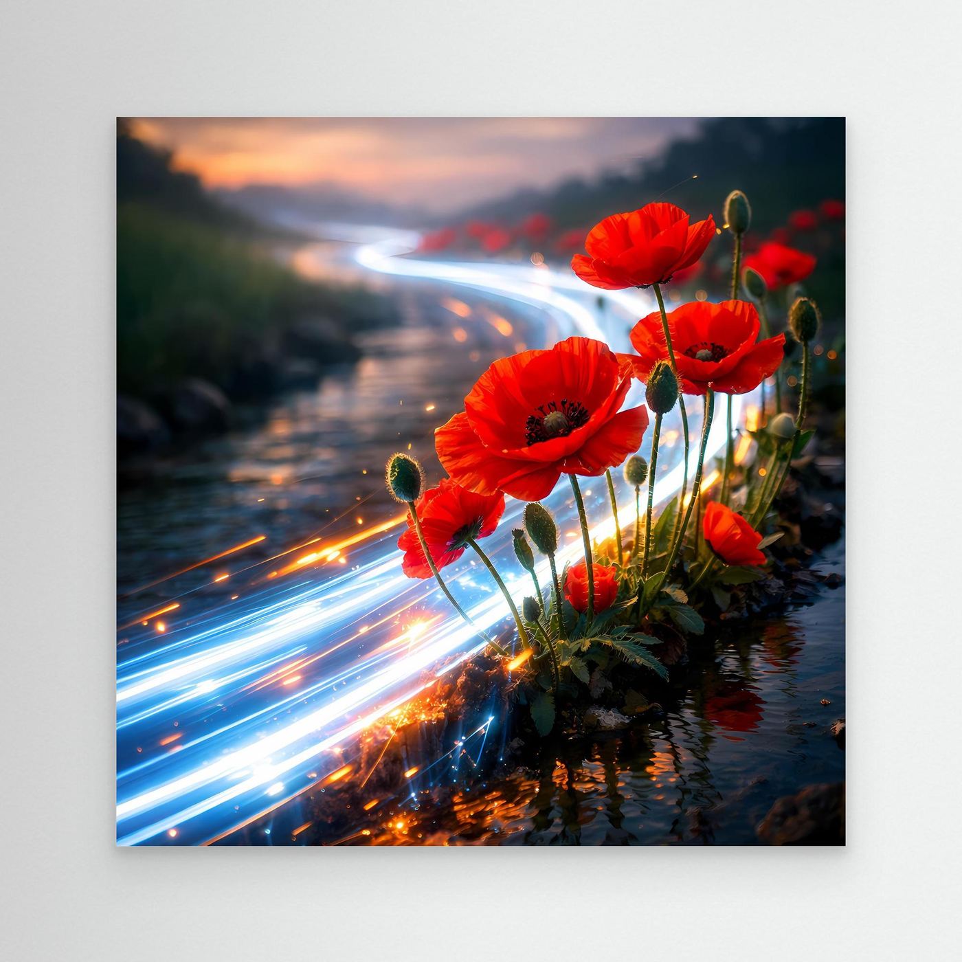 Leinwandbild: rote Mohnblumen am Bachlauf mit blauen Lichtspuren, ohne Rahmen