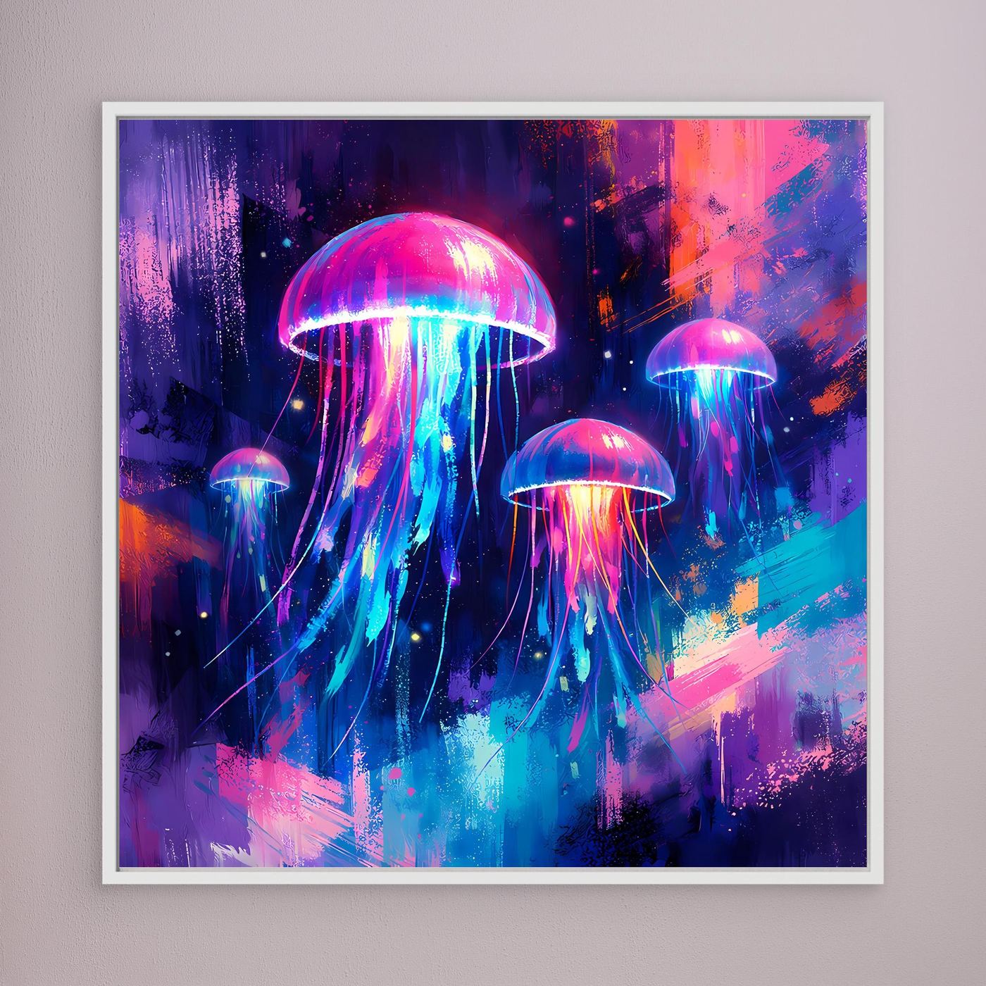 Leinwand Magische Leuchtquallen im Tiefsee-Ozean | Abstraktes Neon Wandbild