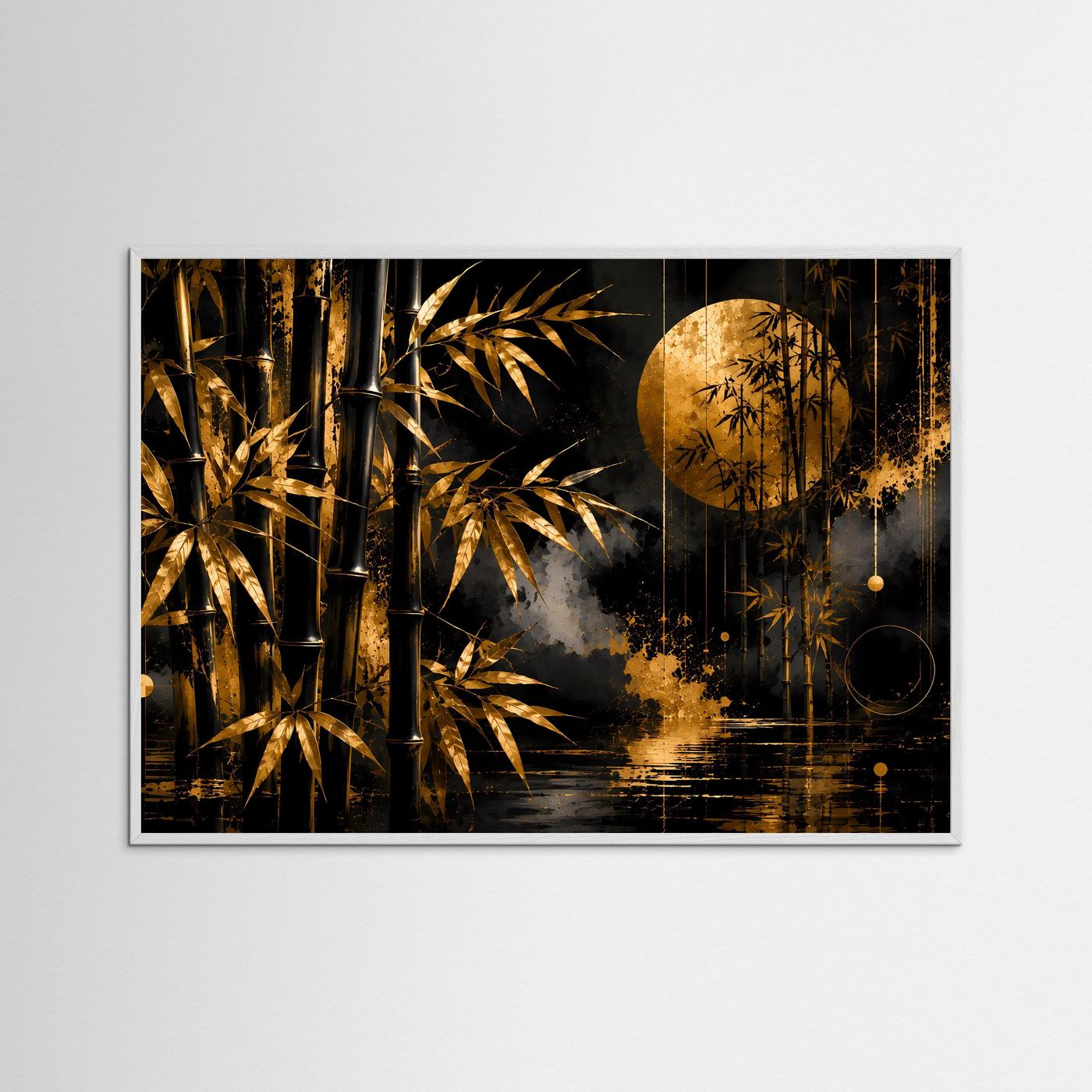 Querformat-Poster mit goldenen Bambuswald-Elementen im hellen Holzrahmen