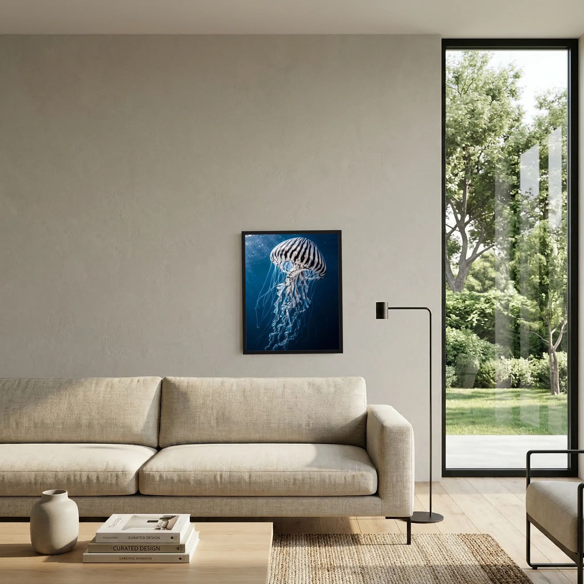 Poster mit Qualle im Blau, schwarz gerahmt