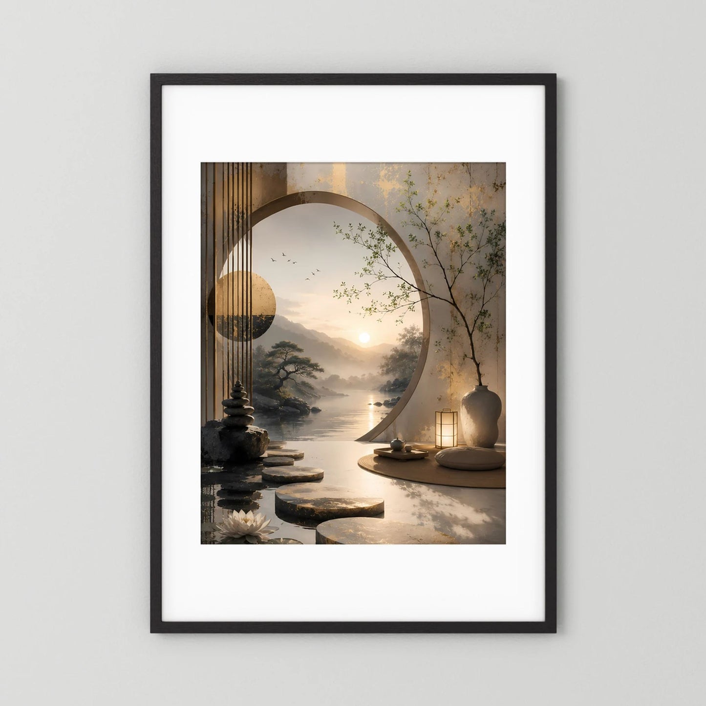 Poster im schwarzen Rahmen mit weißem Rand: asiatische Landschaft und runder Bogen