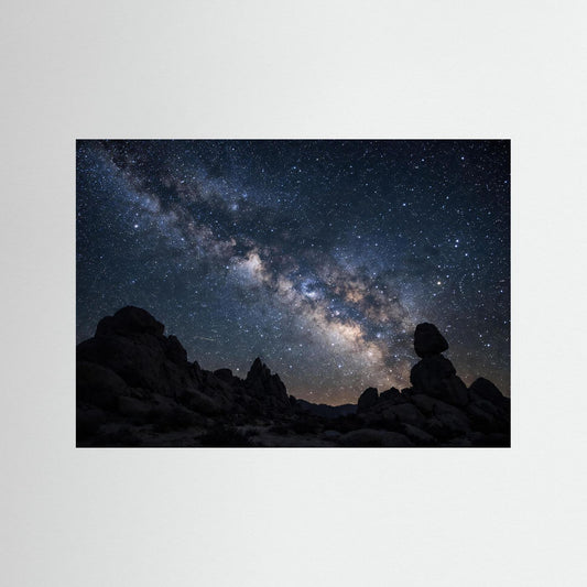 Poster mit Milchstraße über felsiger Landschaft und zwei dunklen Personensilhouetten