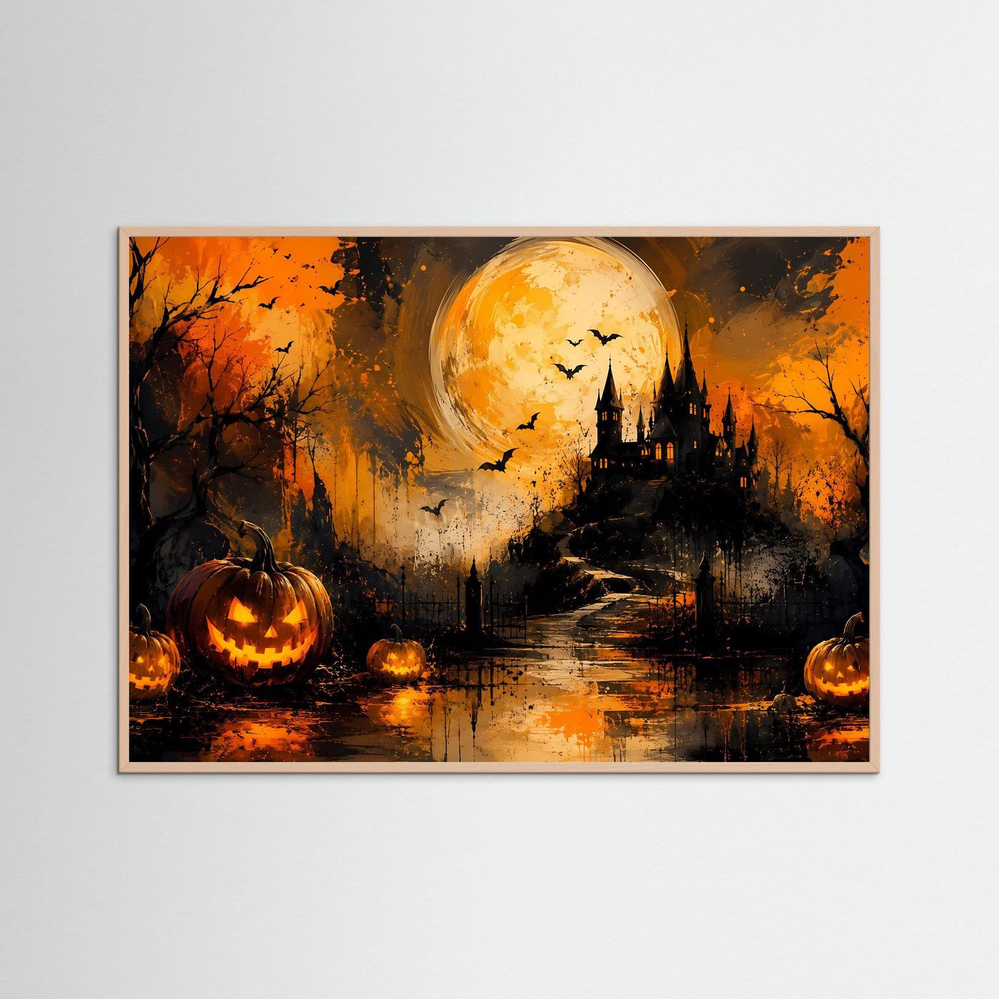 Halloween Poster | Spukschloss mit Kürbissen und Vollmond | Mystische Halloween Wandkunst | Düsterer Gothic Kunstdruck