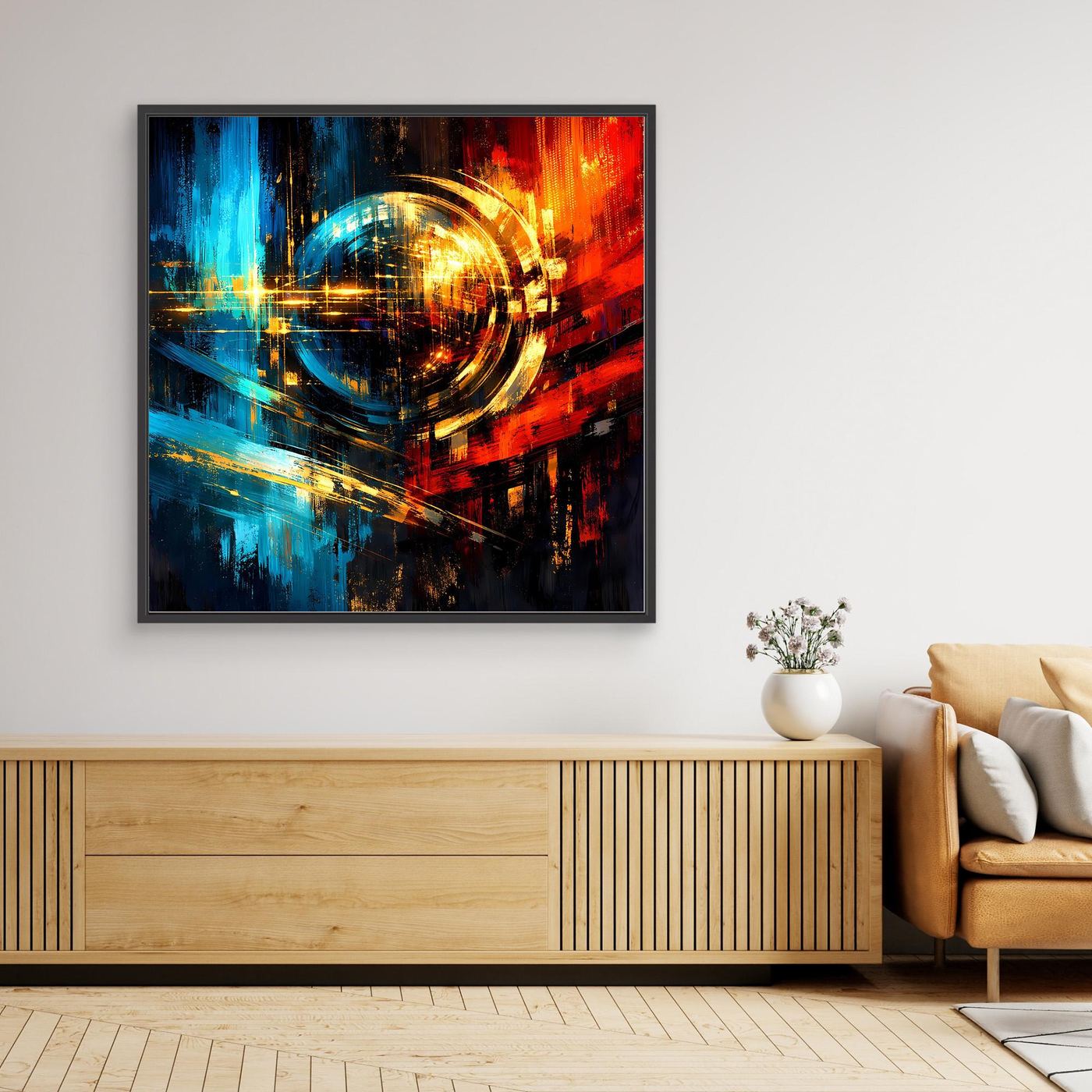 Gerahmtes Leinwandbild mit abstraktem Lichtspiel in Blau, Rot und Gold, dynamische Linien