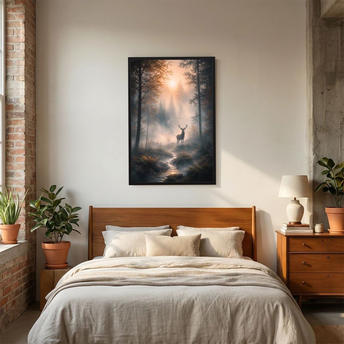 Kunstposter im Hochformat: Hirsch im Nebelwald bei Sonnenaufgang, Waldweg und Bachlauf, dunkler Rahmen