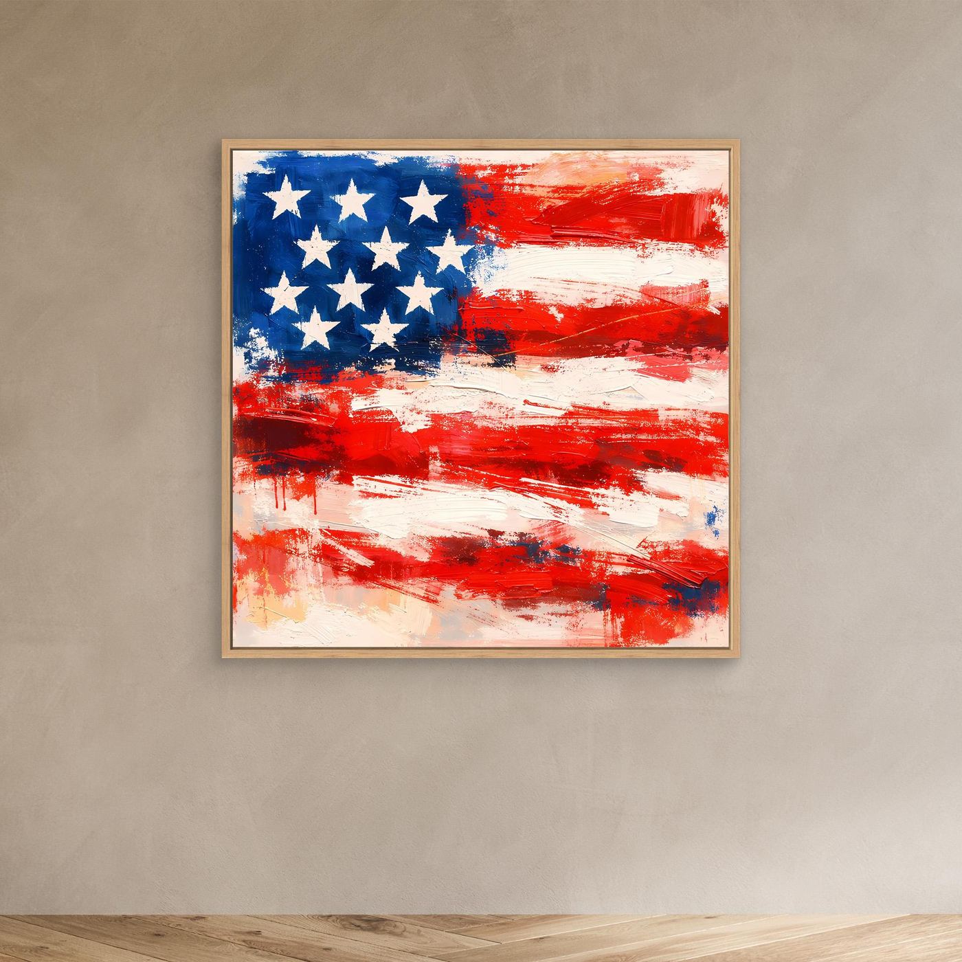 Abstract USA flag canvas wall art, blue stars and red/white brush stripes, oak frame