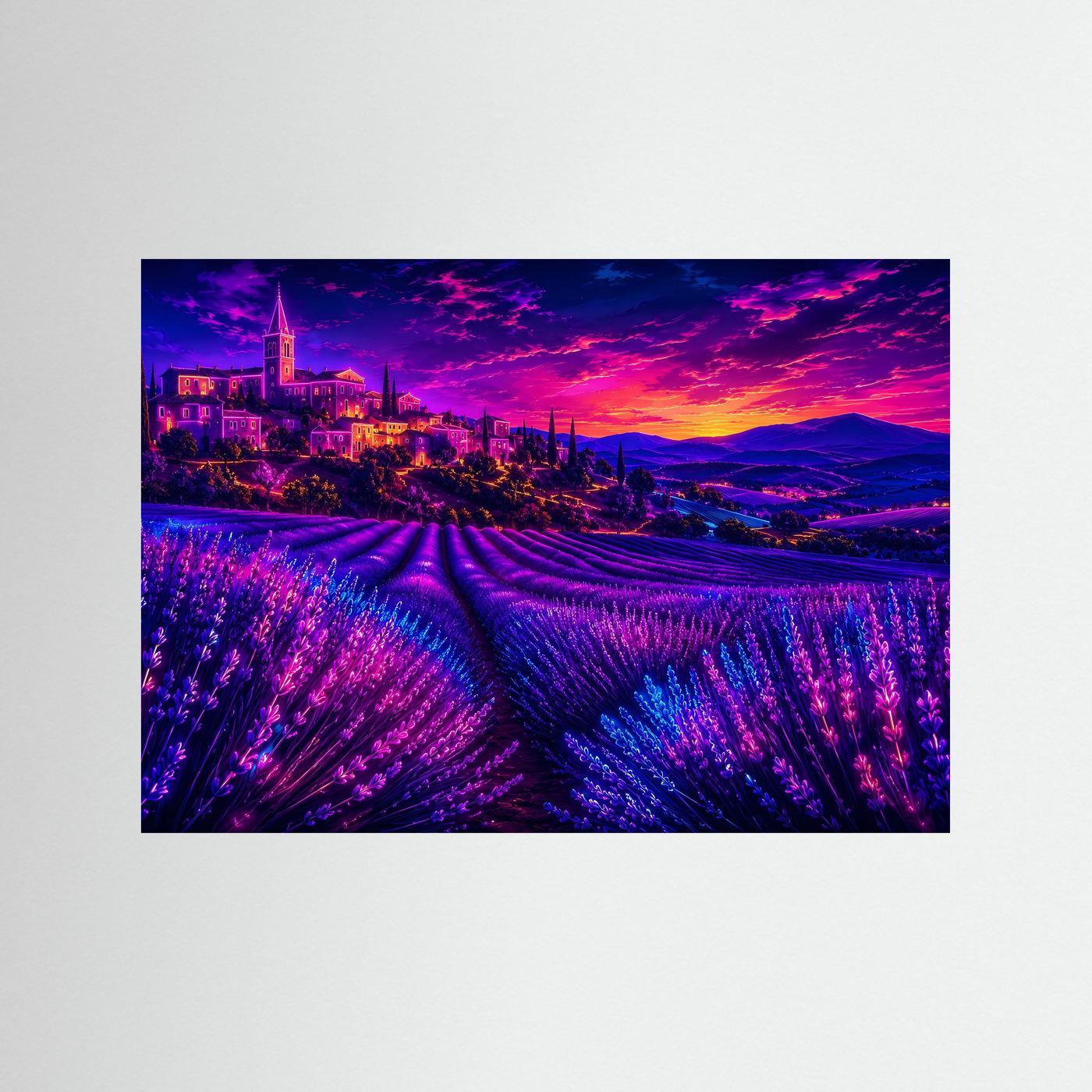 Lavendelfeld im Neon-Sonnenuntergang | Provence Landschaft in Lila & Pink