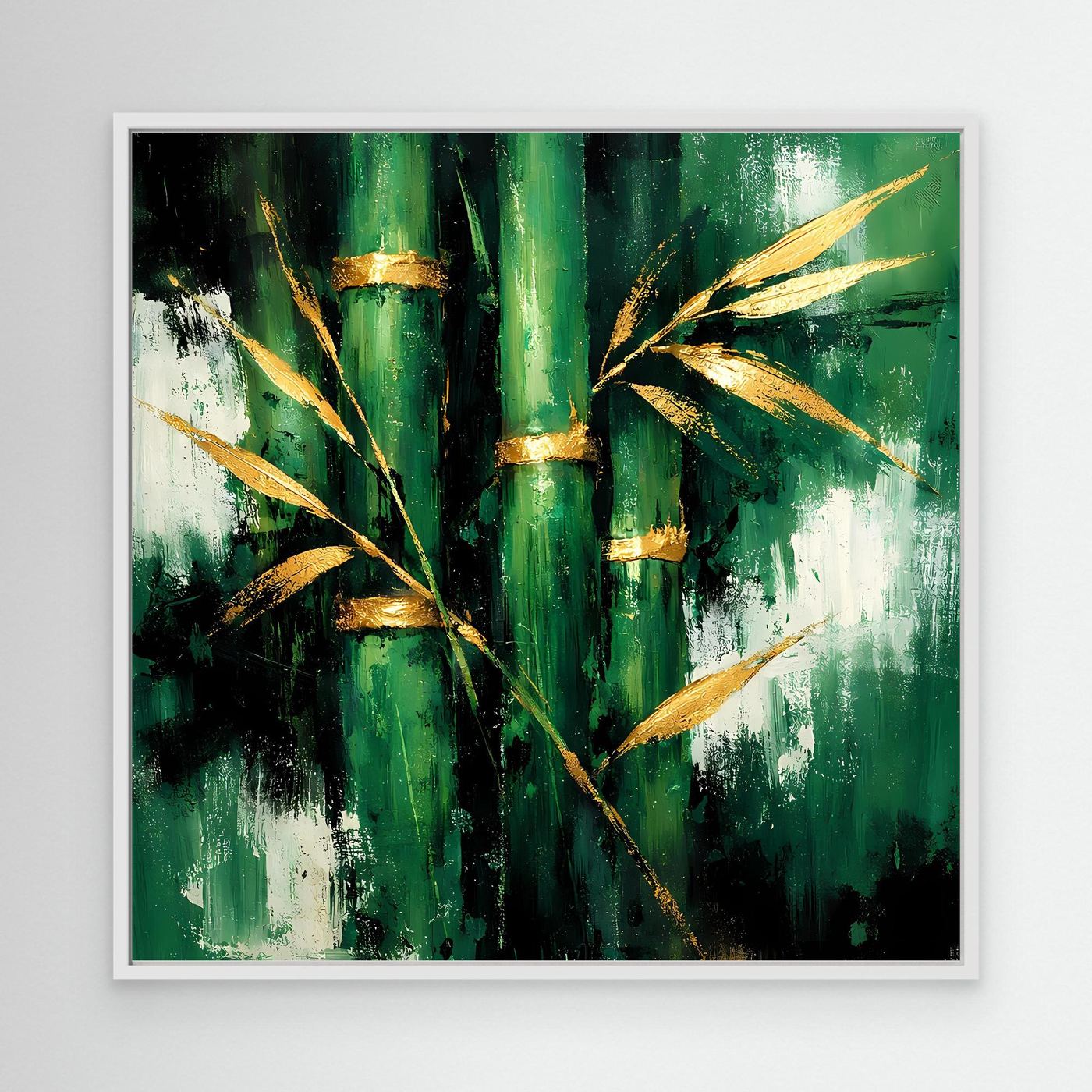 Leinwand Abstraktes Bambus Gemälde in Grün und Gold | Modernes Natur Wandbild