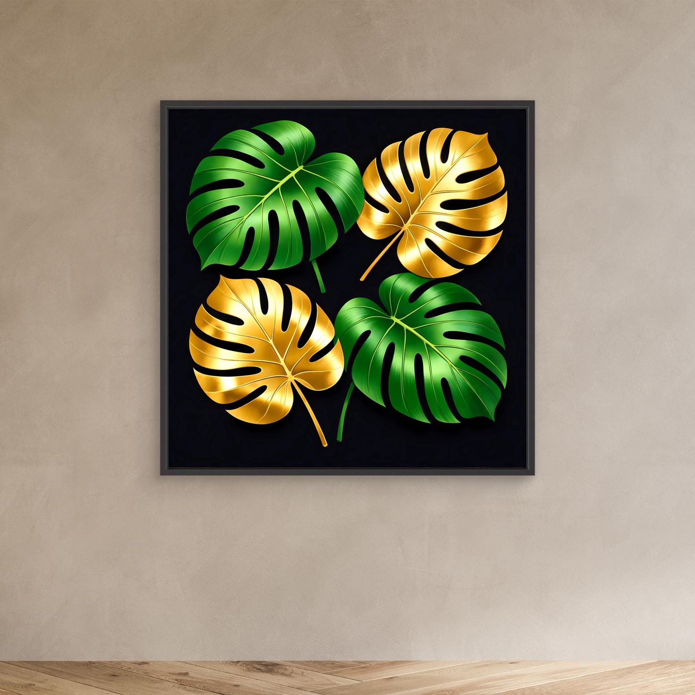 Leinwandbild mit Monstera-Blättern, goldgrün, schwarzer Rahmen