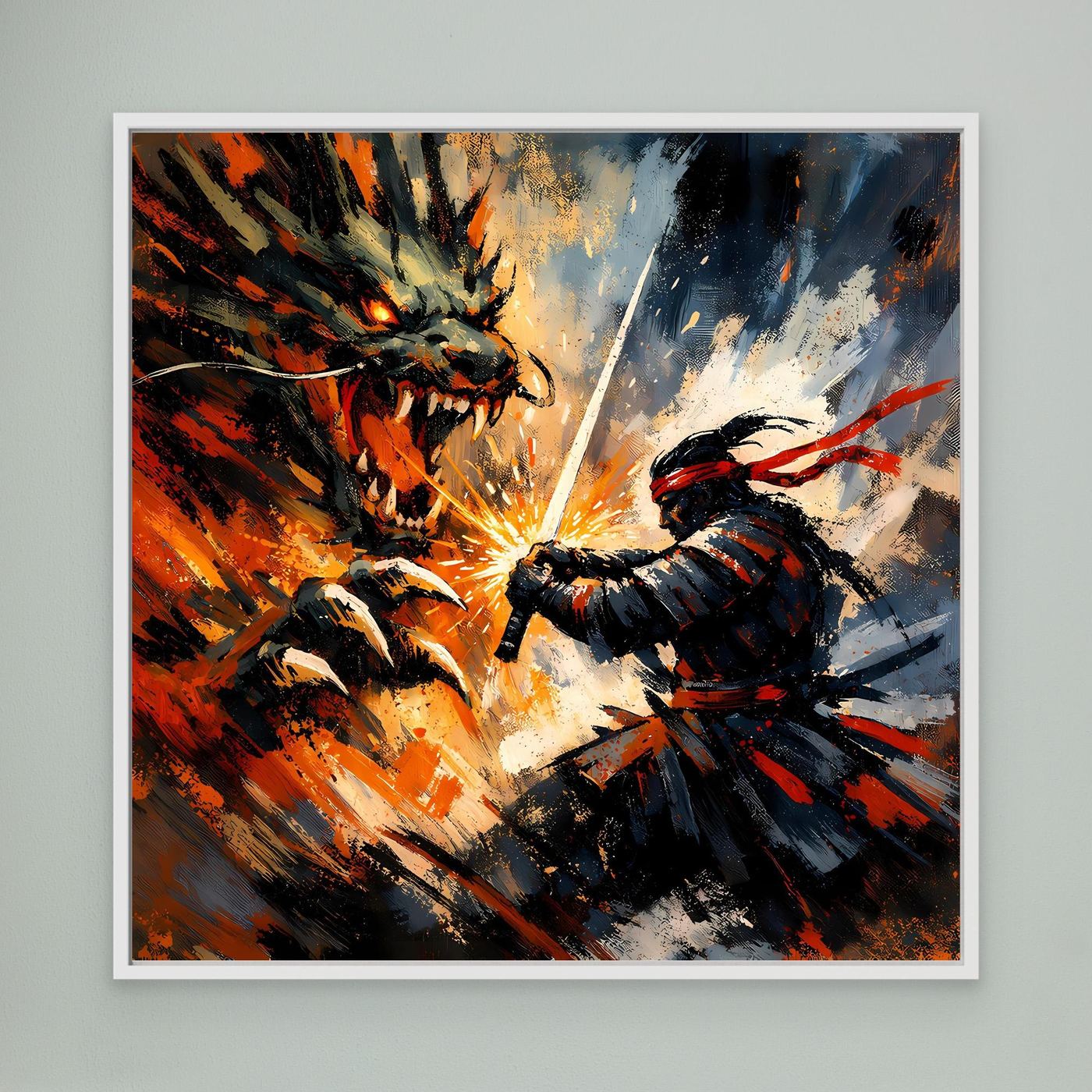 Premium Leinwand Samurai gegen Drache | Abstraktes Fantasy Wandbild Voller Dynamik & Kampfgeist