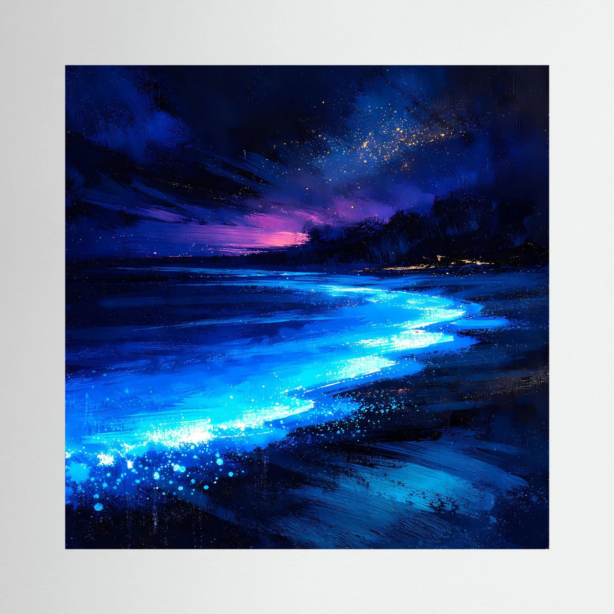 Leinwandbild mit blau leuchtendem Strand bei Nacht und funkelnden Lichtern
