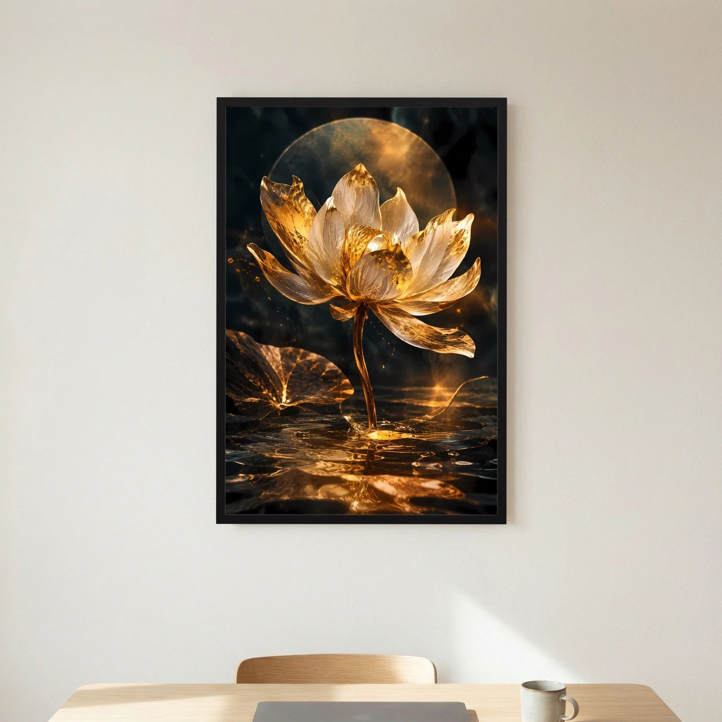 Hochformatiges Poster mit goldener Lotusblüte, dunkles Wasser- und Glitzermotiv, schwarzer Rahmen.
