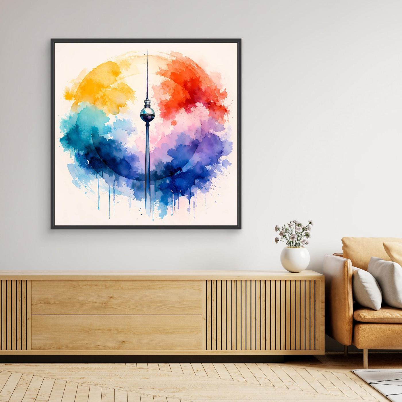 Leinwand Berliner Fernsehturm | Abstraktes Aquarell‑Wolken Wandbild