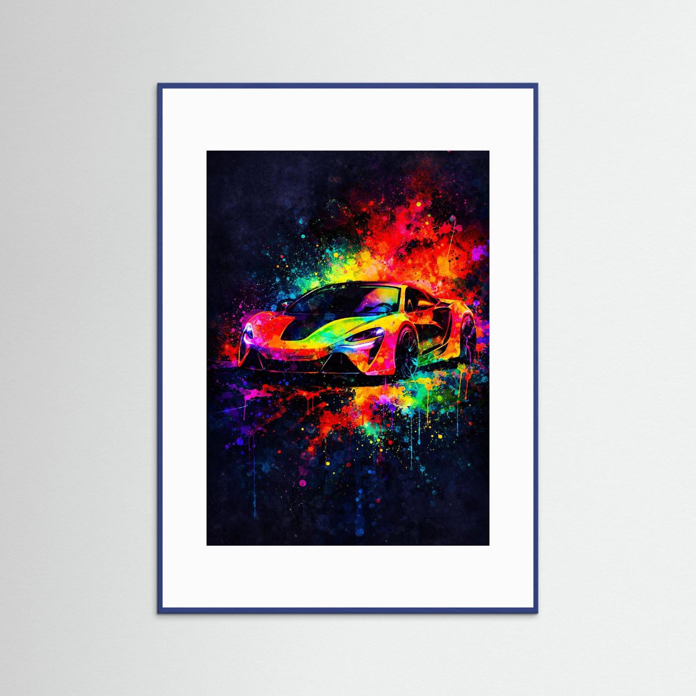 Sportwagen-Poster mit bunter Neon-Supercar-Illustration, blau gerahmt, Hochformat